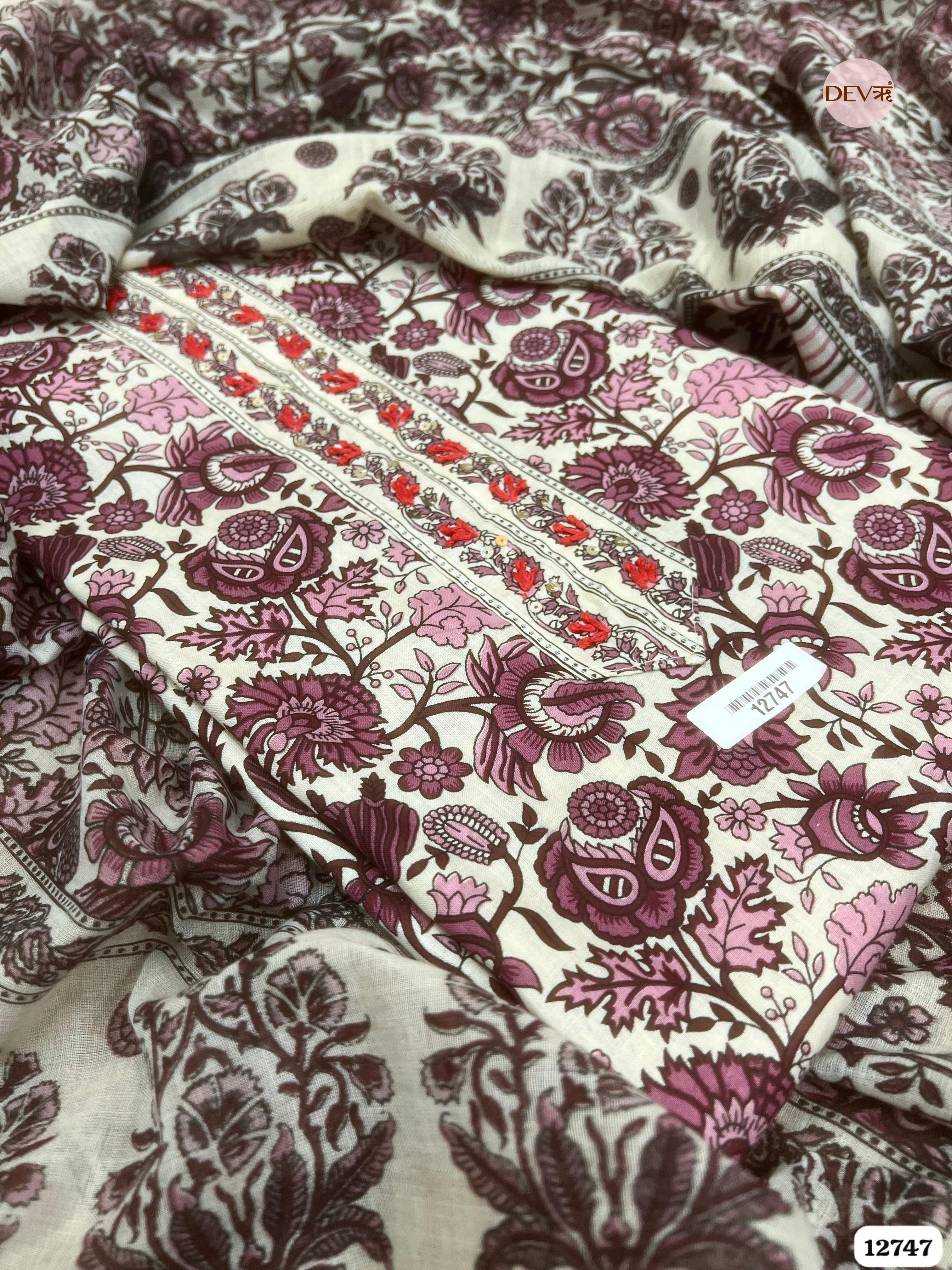 Mauve Cotton Printed Unstitched 3-Piece Suit (Devri – D.No 12747)