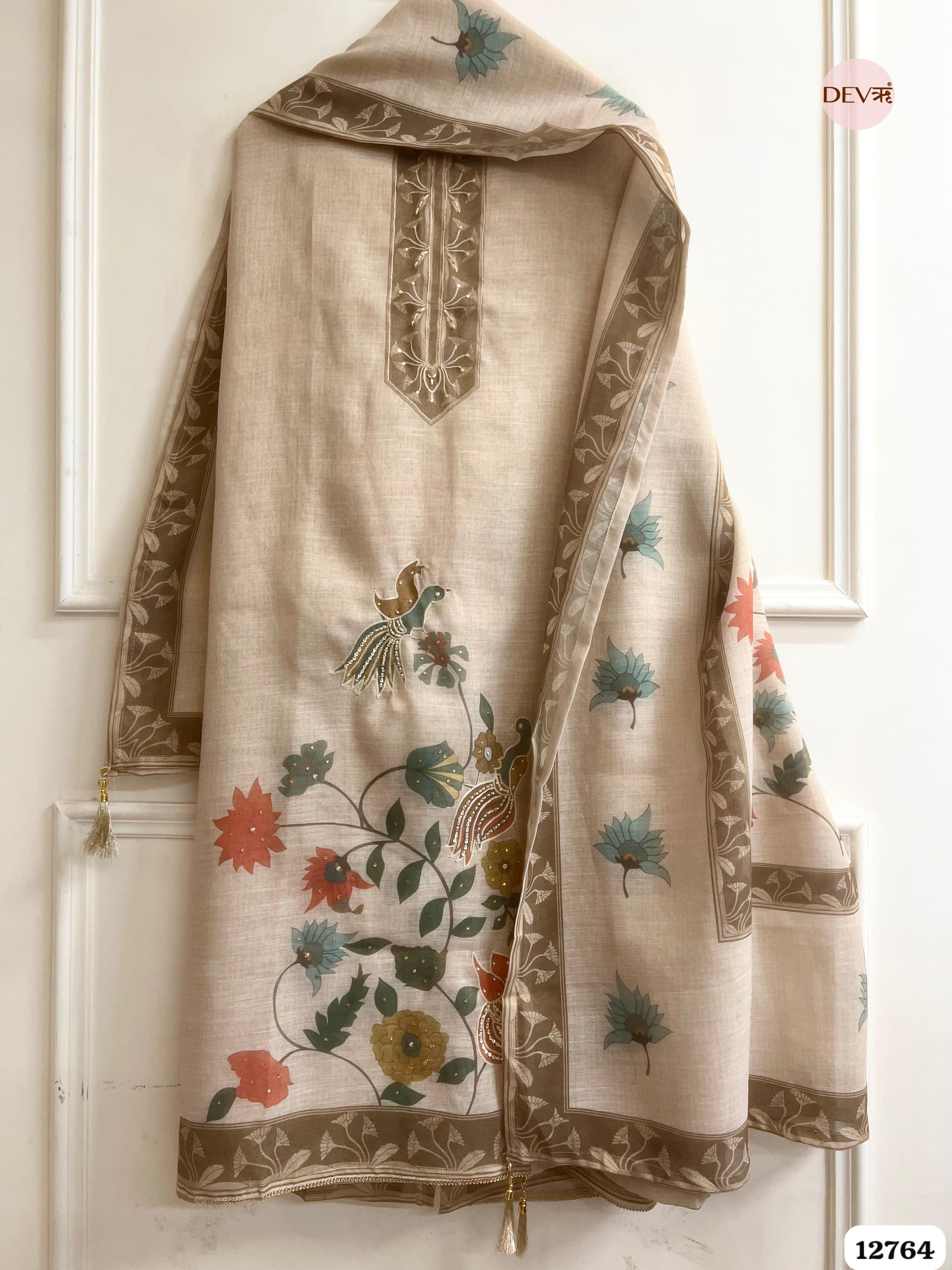 Beige Linen Cotton Embroidered Unstitched 3-Piece Suit (Devri – D.No 12764)