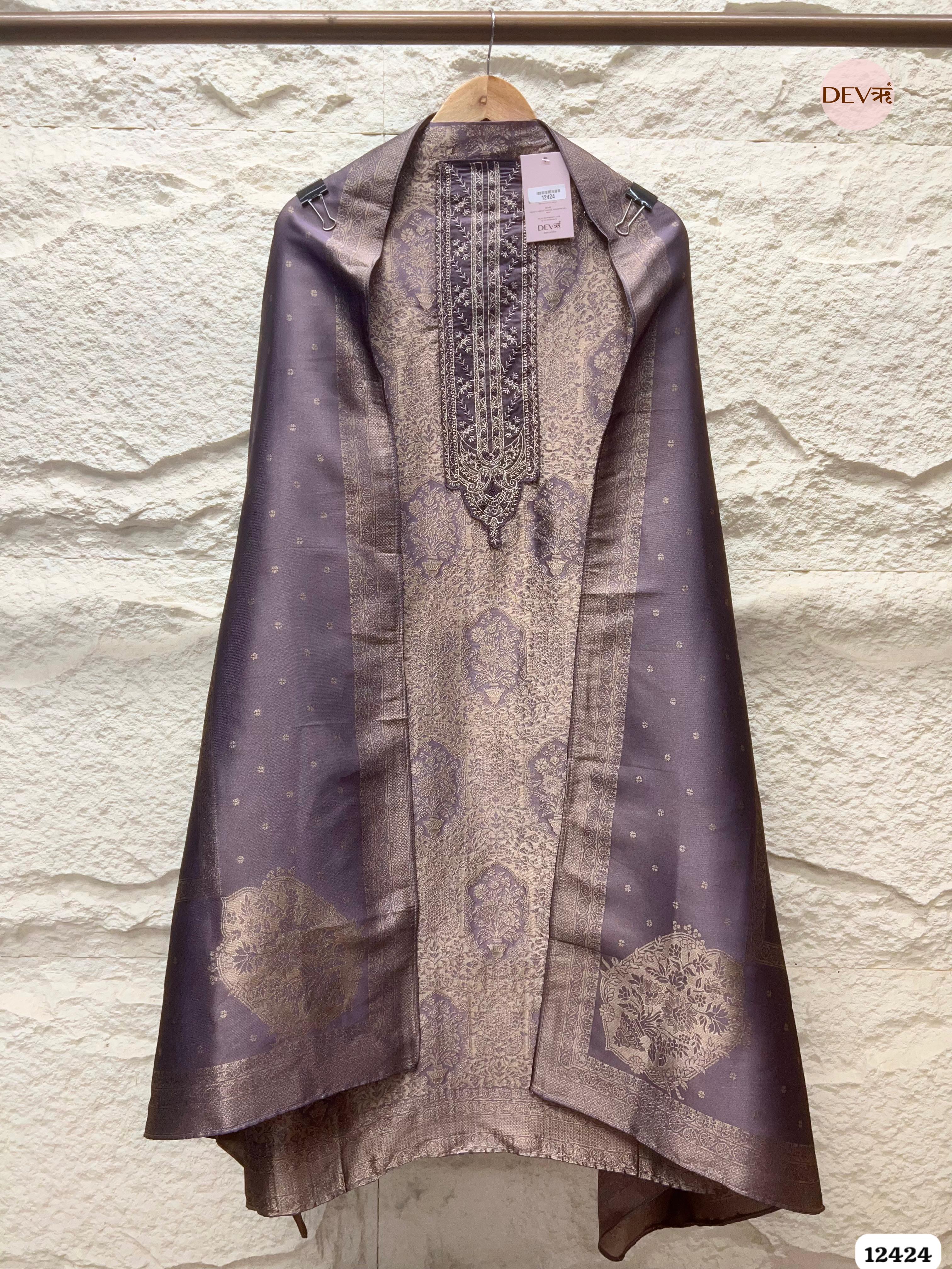 Dusty Mauve Banarasi Silk Printed Unstitched 3-Piece Suit (Devri – D.No. 12424)