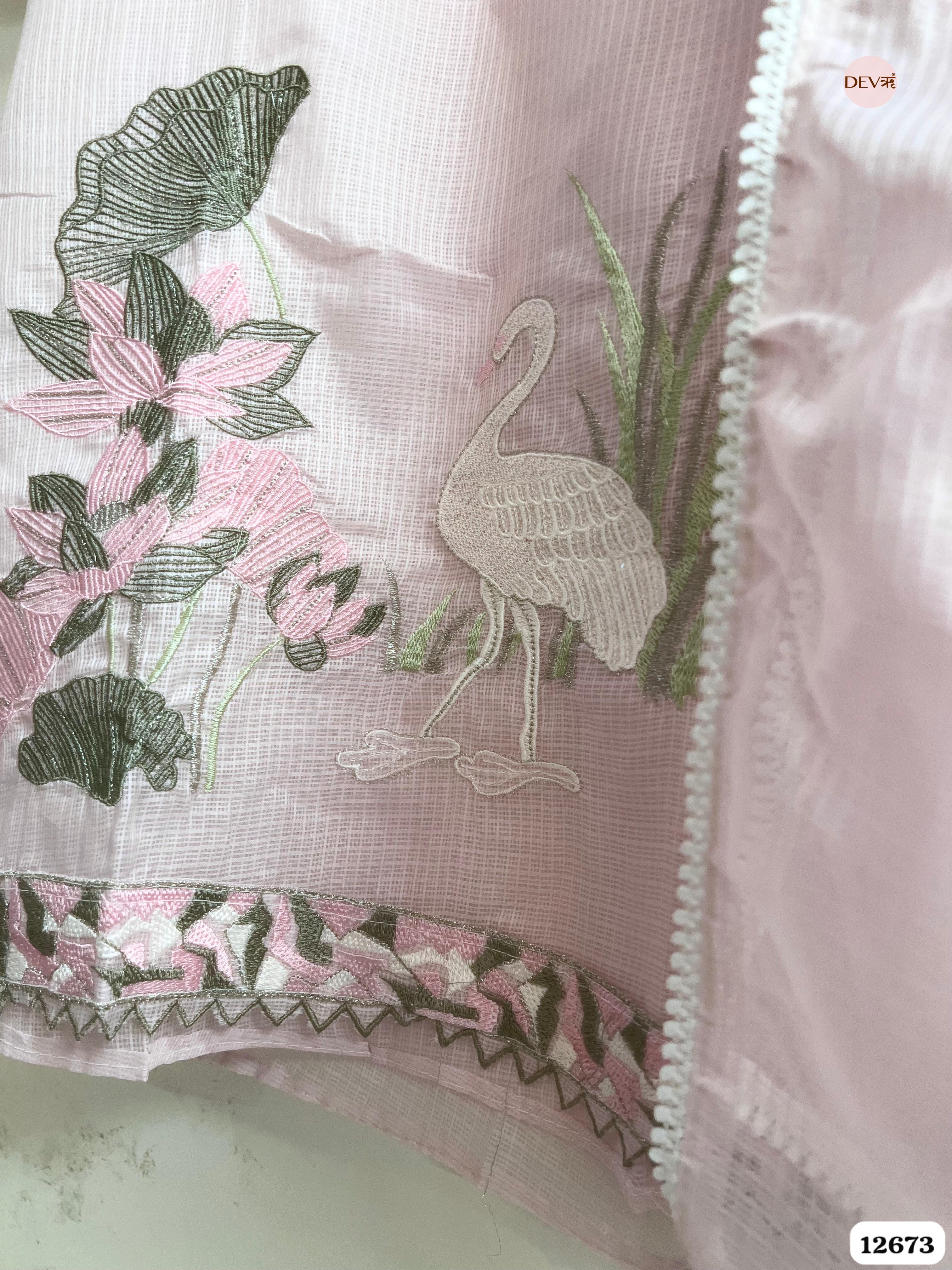 Baby Pink Kota Embroidered Unstitched 3-Piece Suit (Devri – D.No 12673)