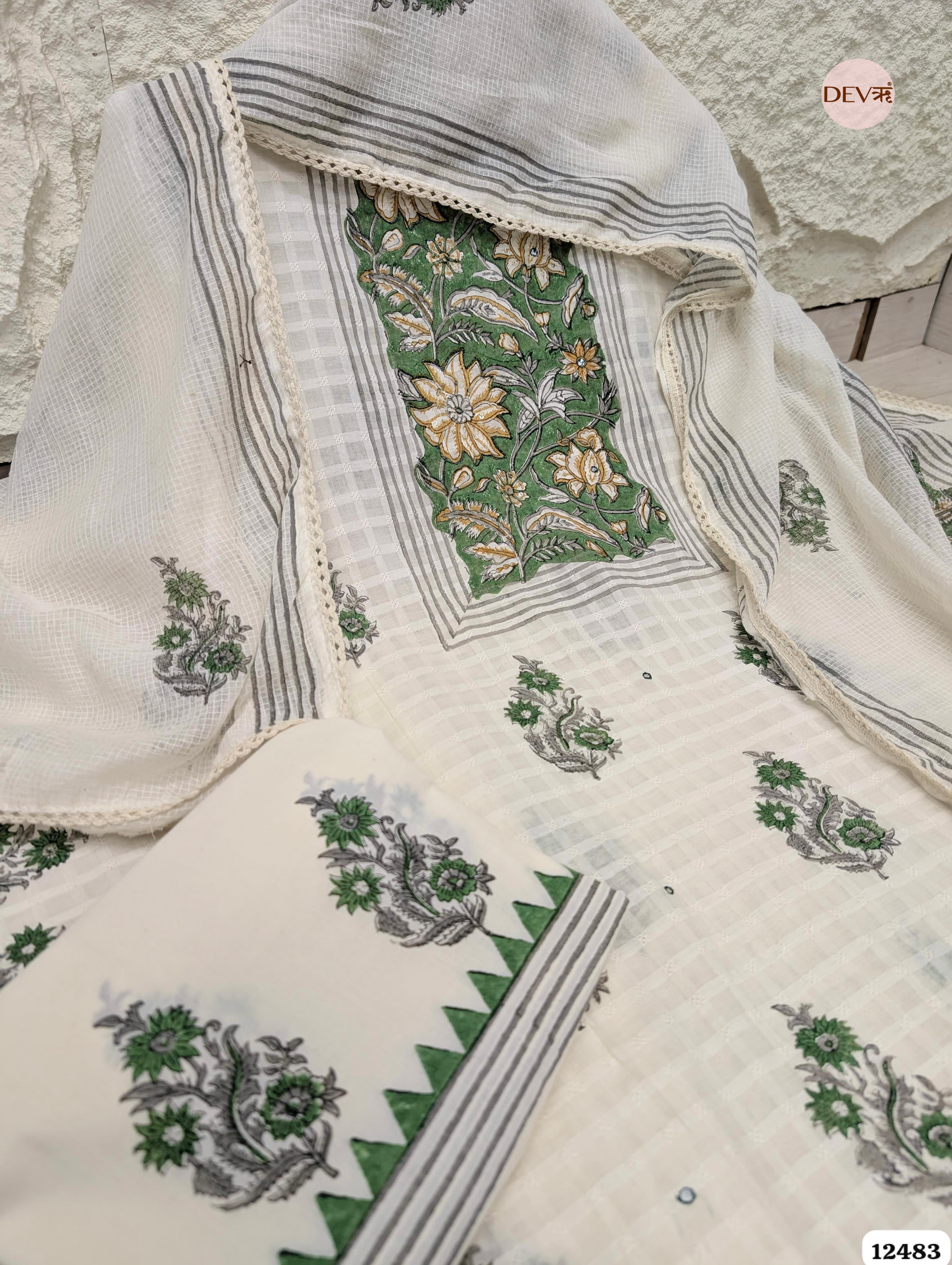 White & Green Pure Cotton Printed Unstitched 3-Piece Suit (Devri – D.No 12483)