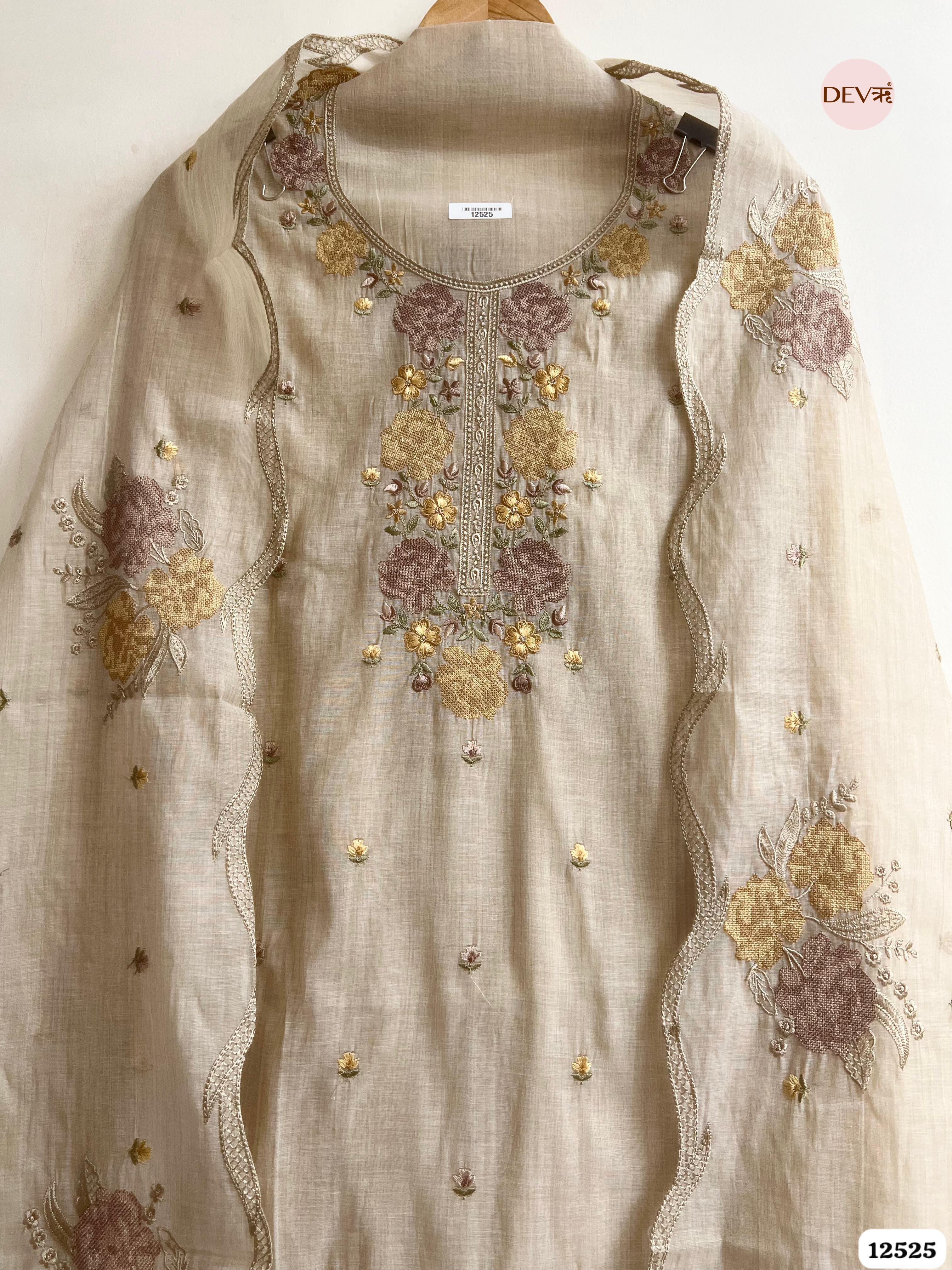 baige Mul Chanderi Embroidered Unstitched 3-Piece Suit (Devri – D.No . 12525)