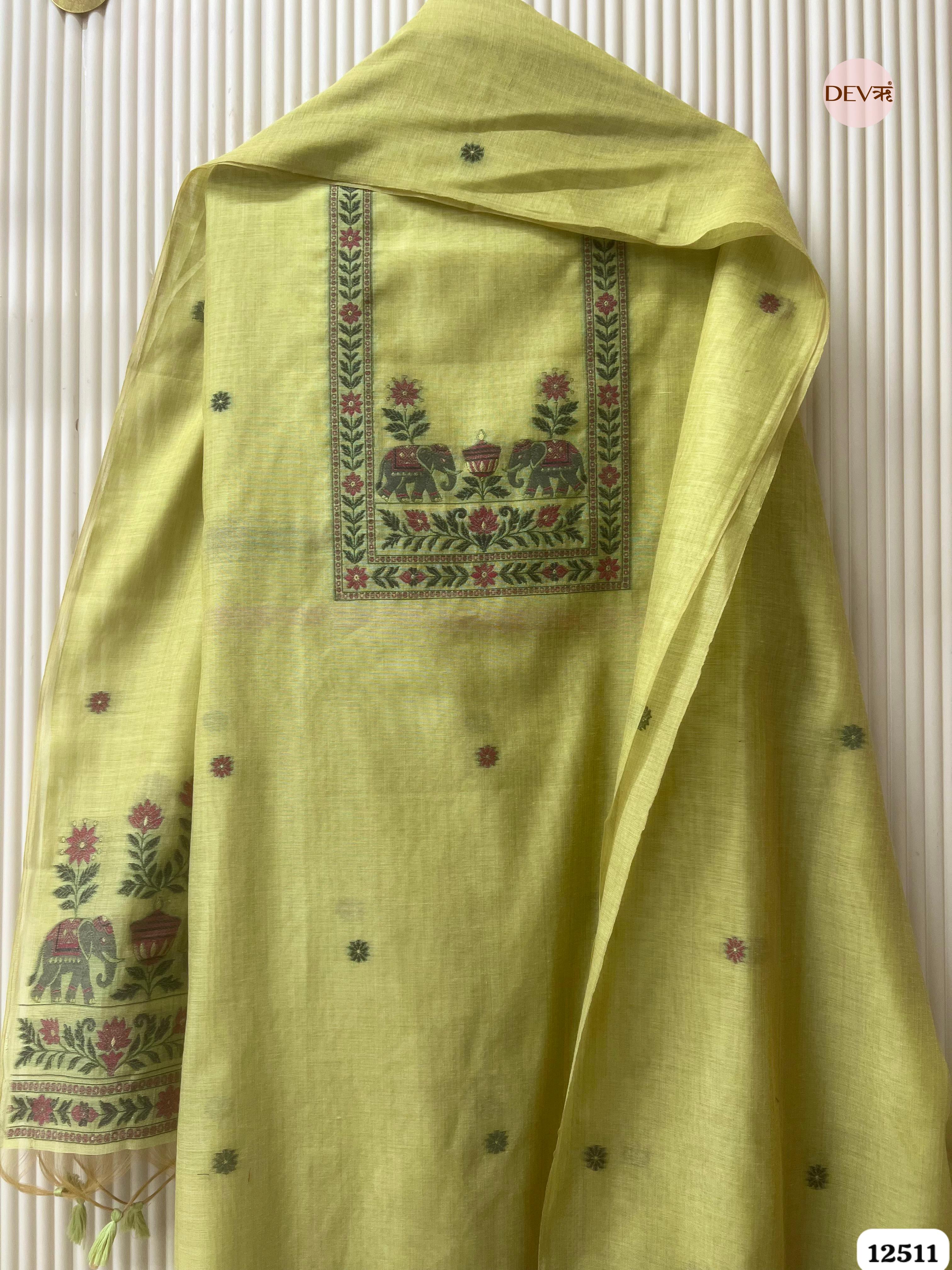 Lime Green Jamdani Embroidered Unstitched 3-Piece Suit (Devri – D.No 12511)