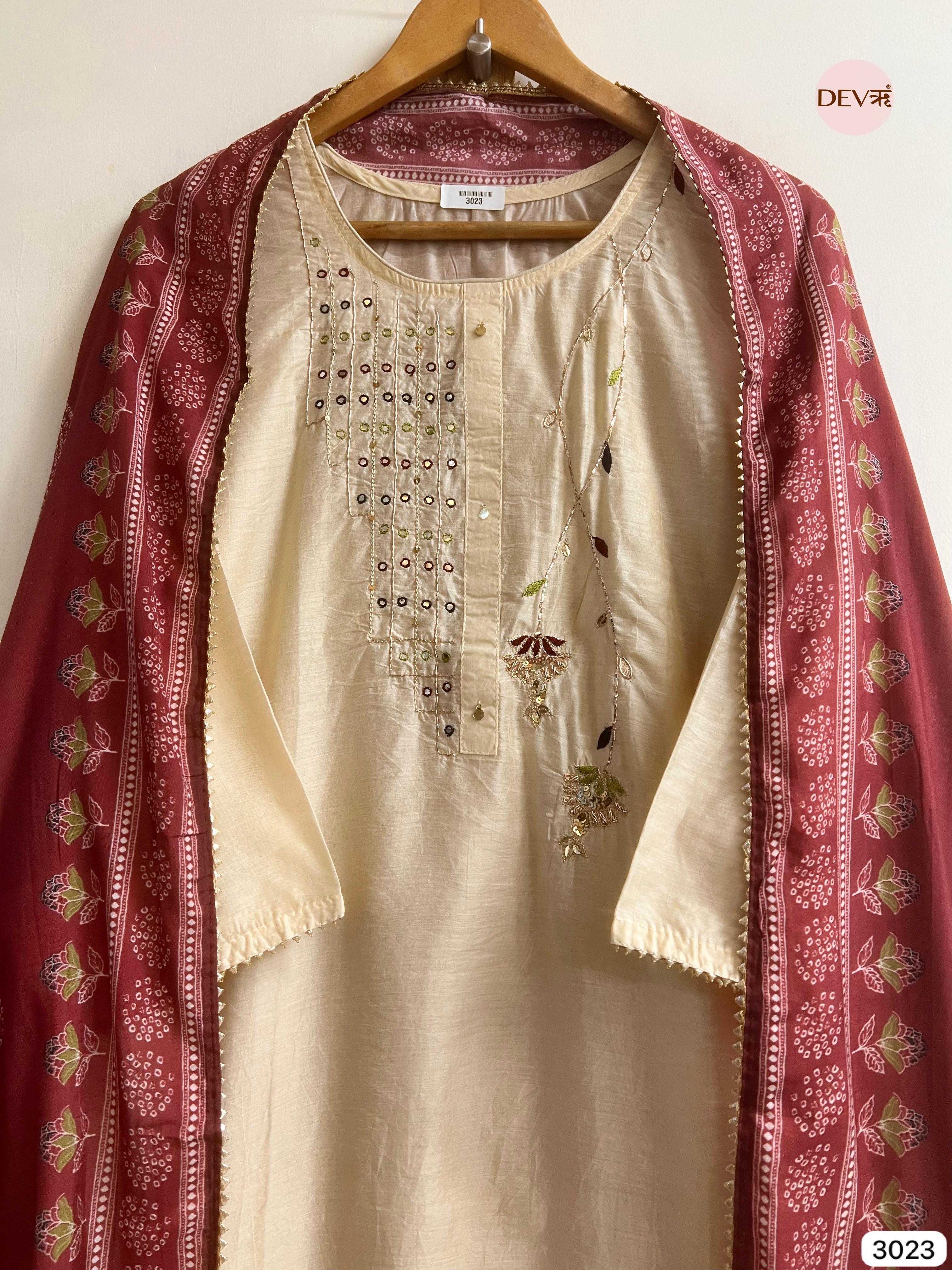 Beige Muslin Embroidered Unstitched 3-Piece Suit (Devri – D.No 3023)