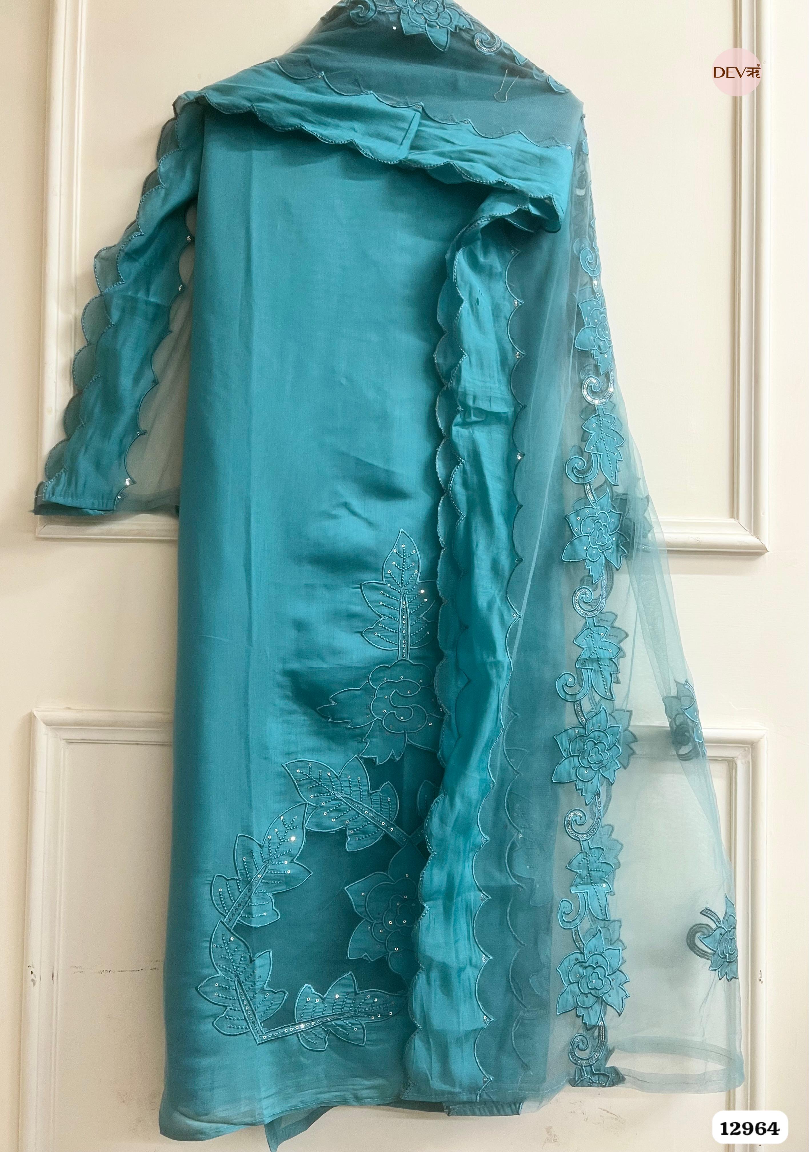 Teal Roman Silk Embroidered Unstitched 3-Piece Suit (Devri – D.No 12964)