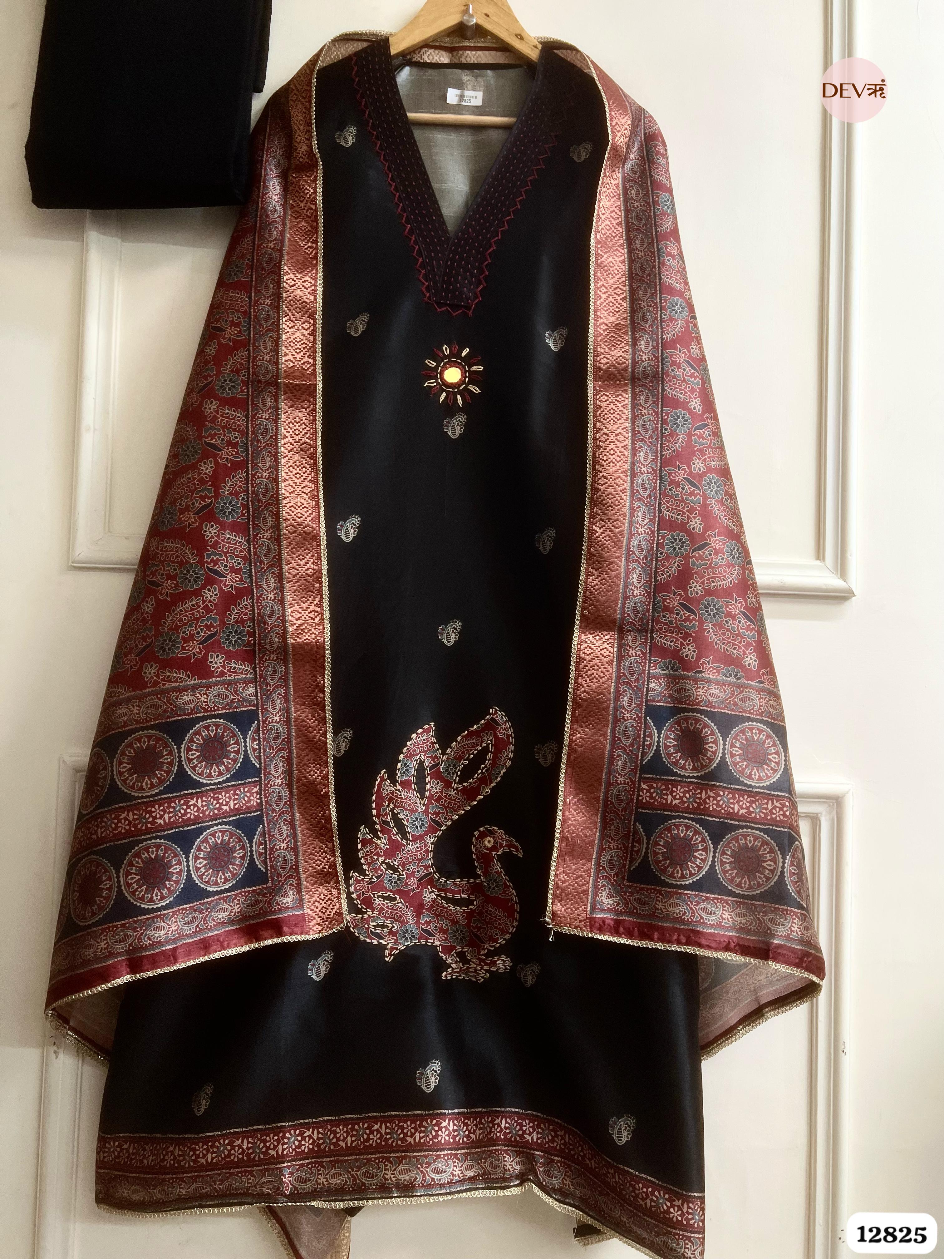 Black chanderi silk printed Unstitched 3-Piece Suit (Devri – D.No12825)