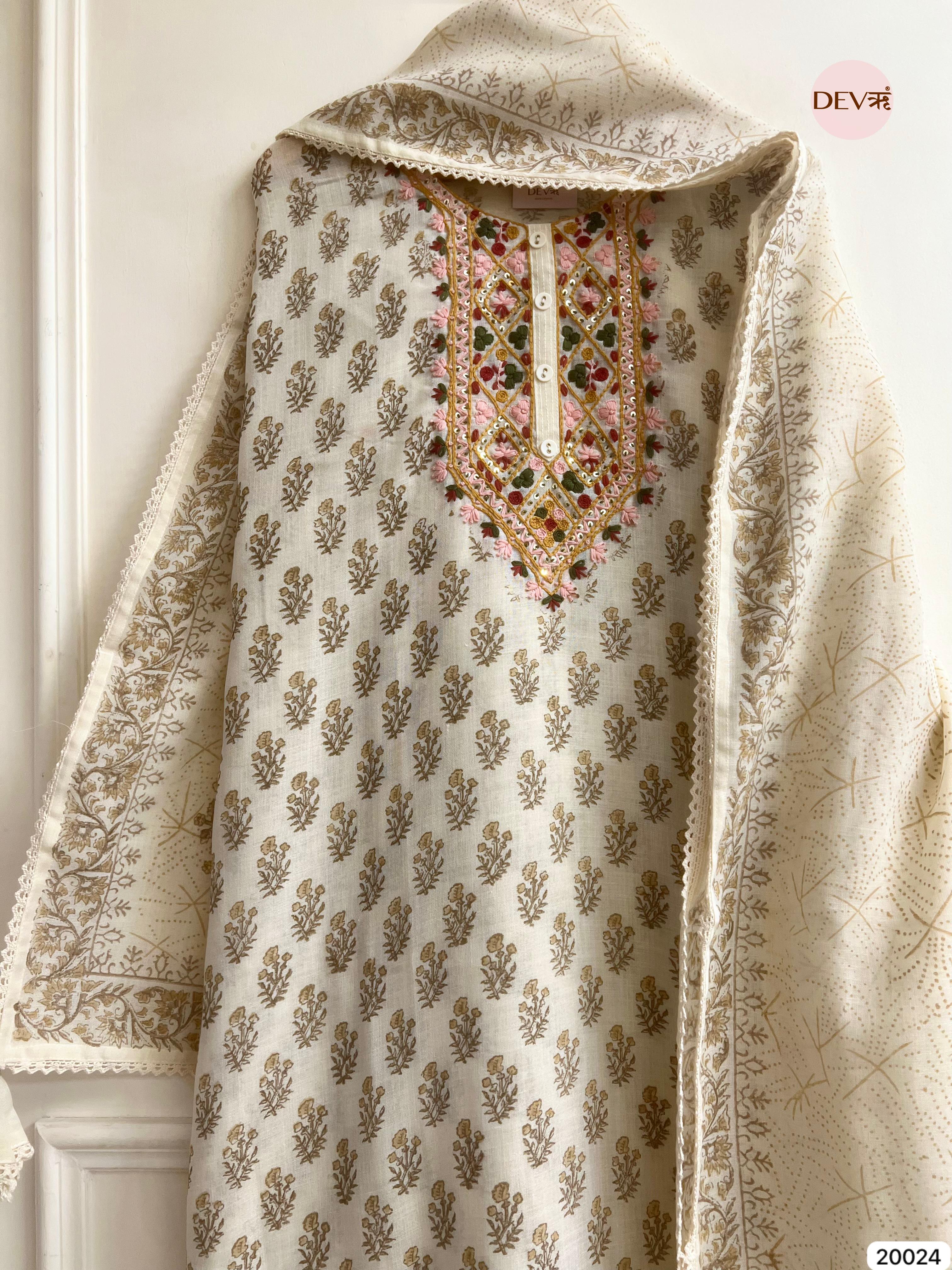 Ivory Pure Linen Cotton Embroidered Unstitched 3-Piece Suit (Devri – D.No .20024 )