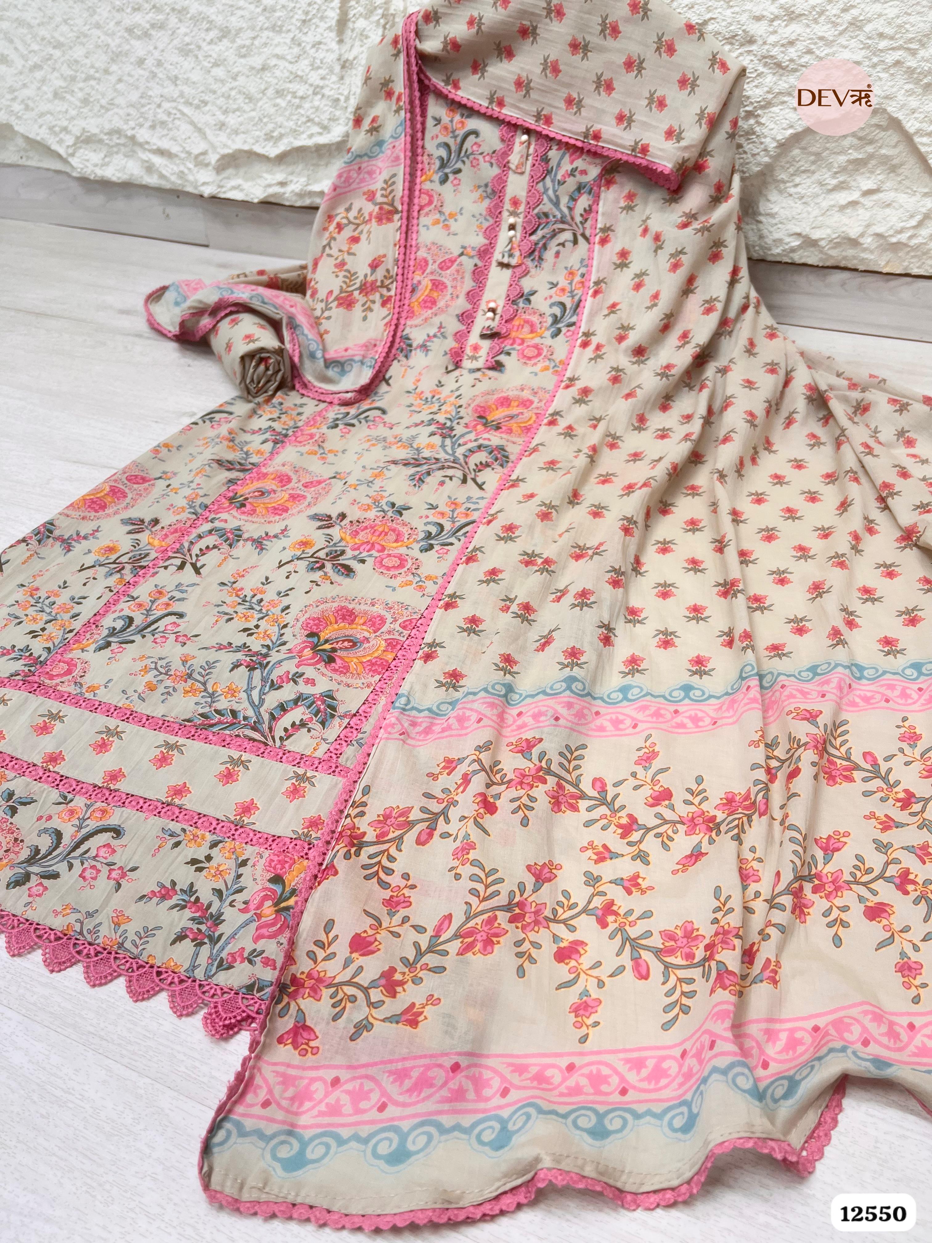 Beige Pure Cotton Floral Printed Unstitched 3-Piece Suit (Devri – D.No 12550)