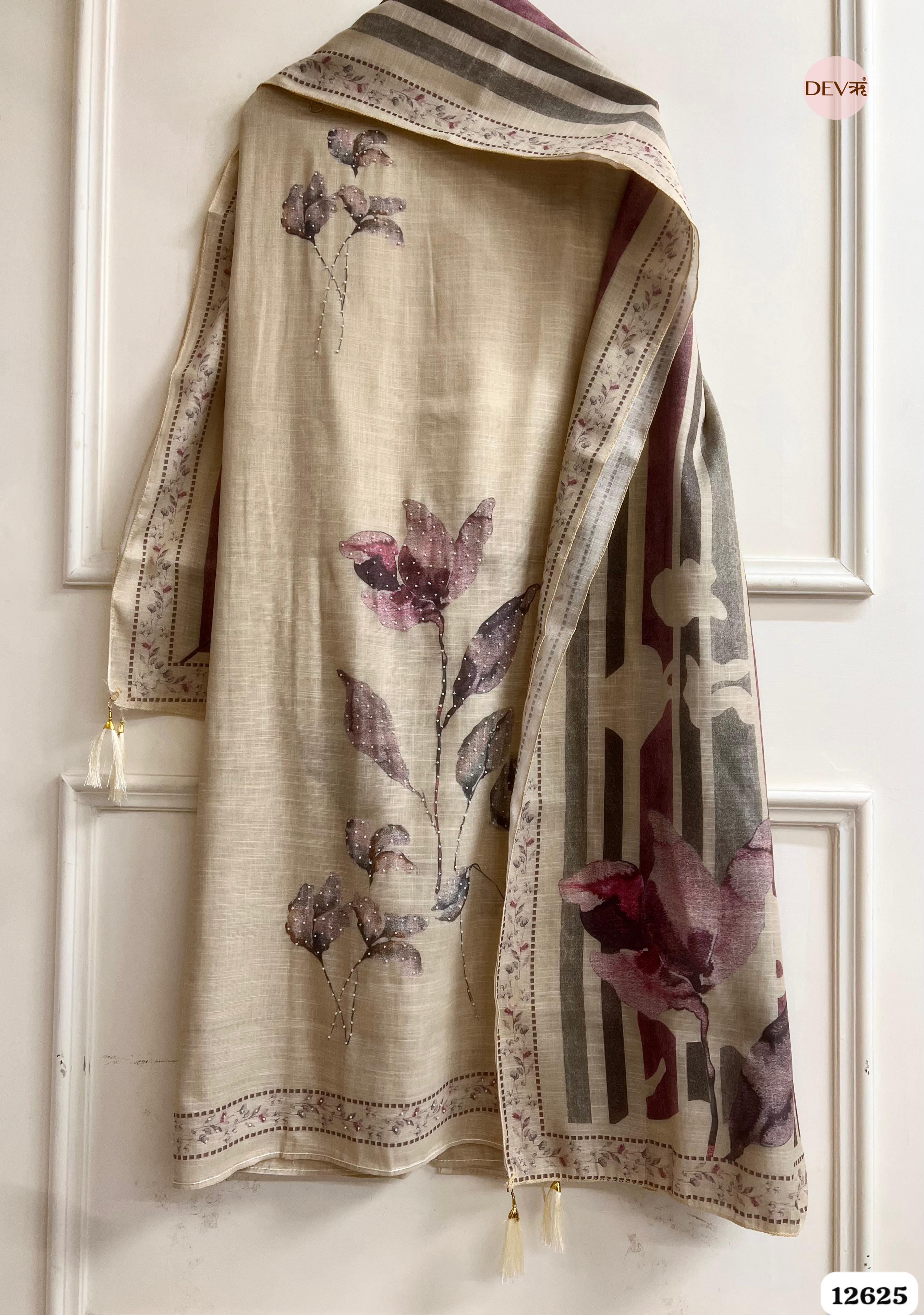 Beige Linen Printed Unstitched 3-Piece Suit (Devri – D.No 12625)