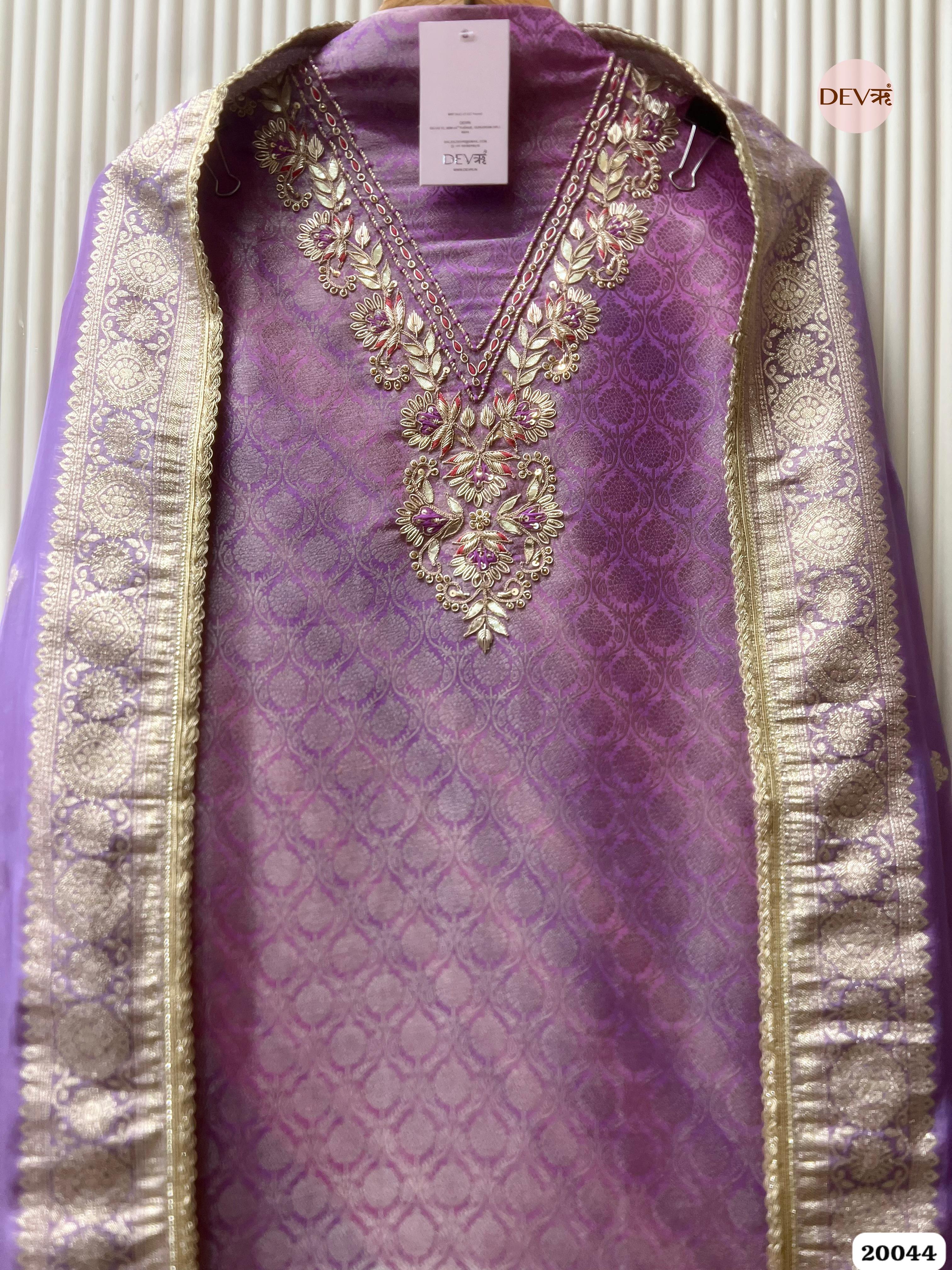 Royal Lilac Banarasi Tissue Embroidered Unstitched 3-Piece Suit (Devri – D.No 20044)