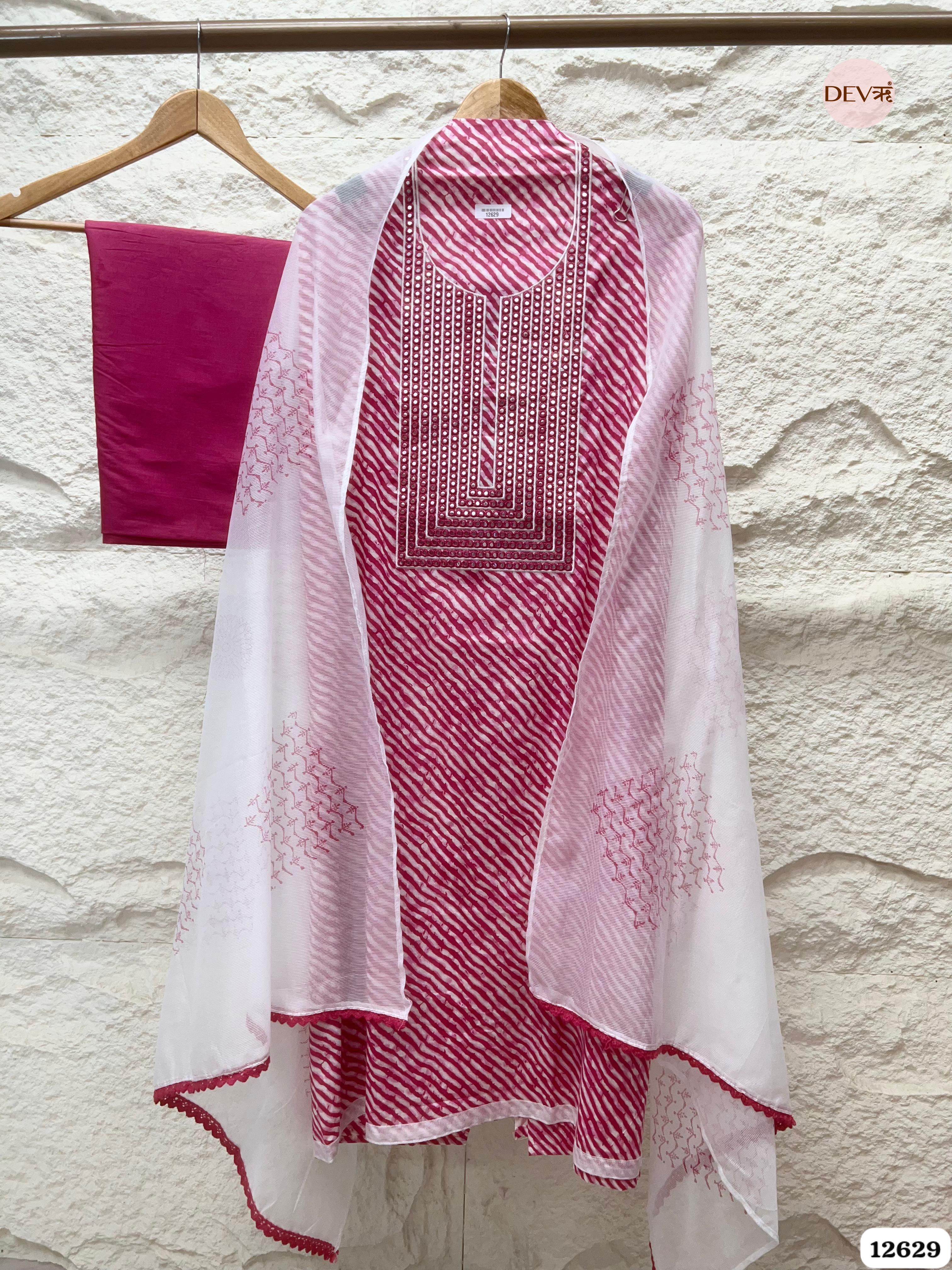 Magenta Pink Cotton Leheriya Printed & Embroidered Unstitched 3-Piece Suit (Devri – D.No 12629)