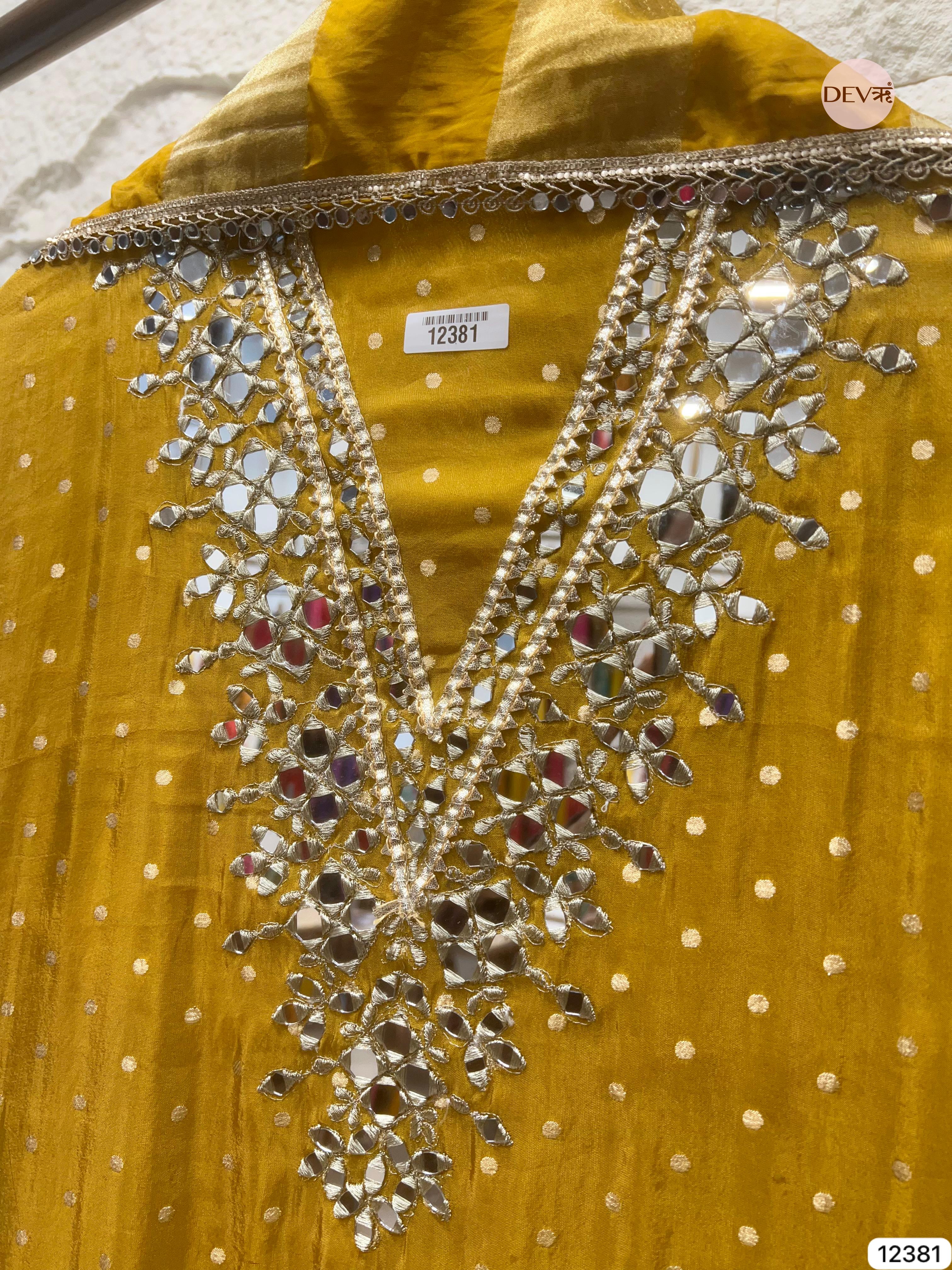 Mustard Yellow Tissue Silk Embroidered Unstitched 3-Piece Suit (Devri – D.No 12381)
