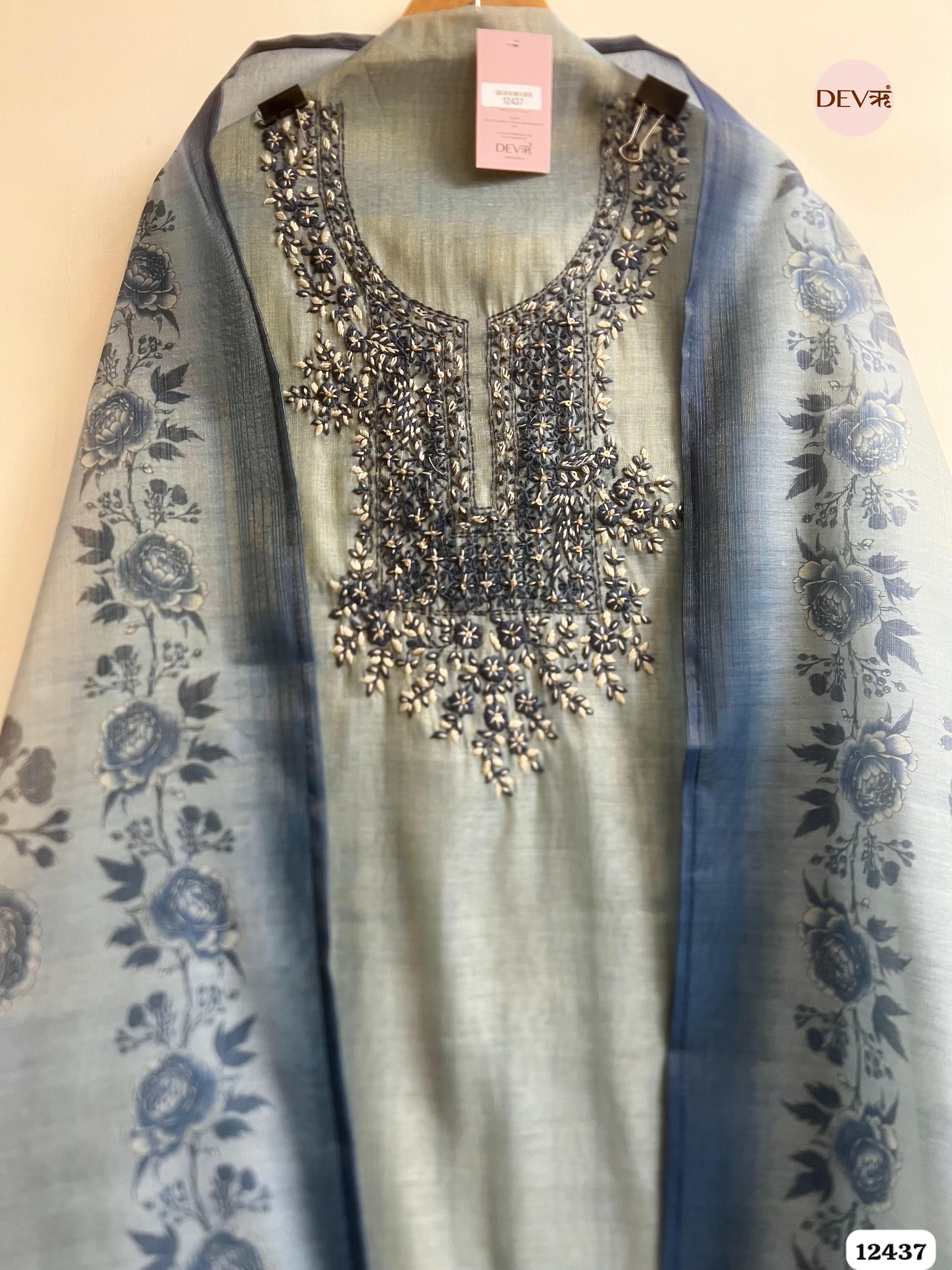Powder Blue Pure Linen Tissue Embroidered Unstitched 3-Piece Suit (Devri – D.No . 12437)