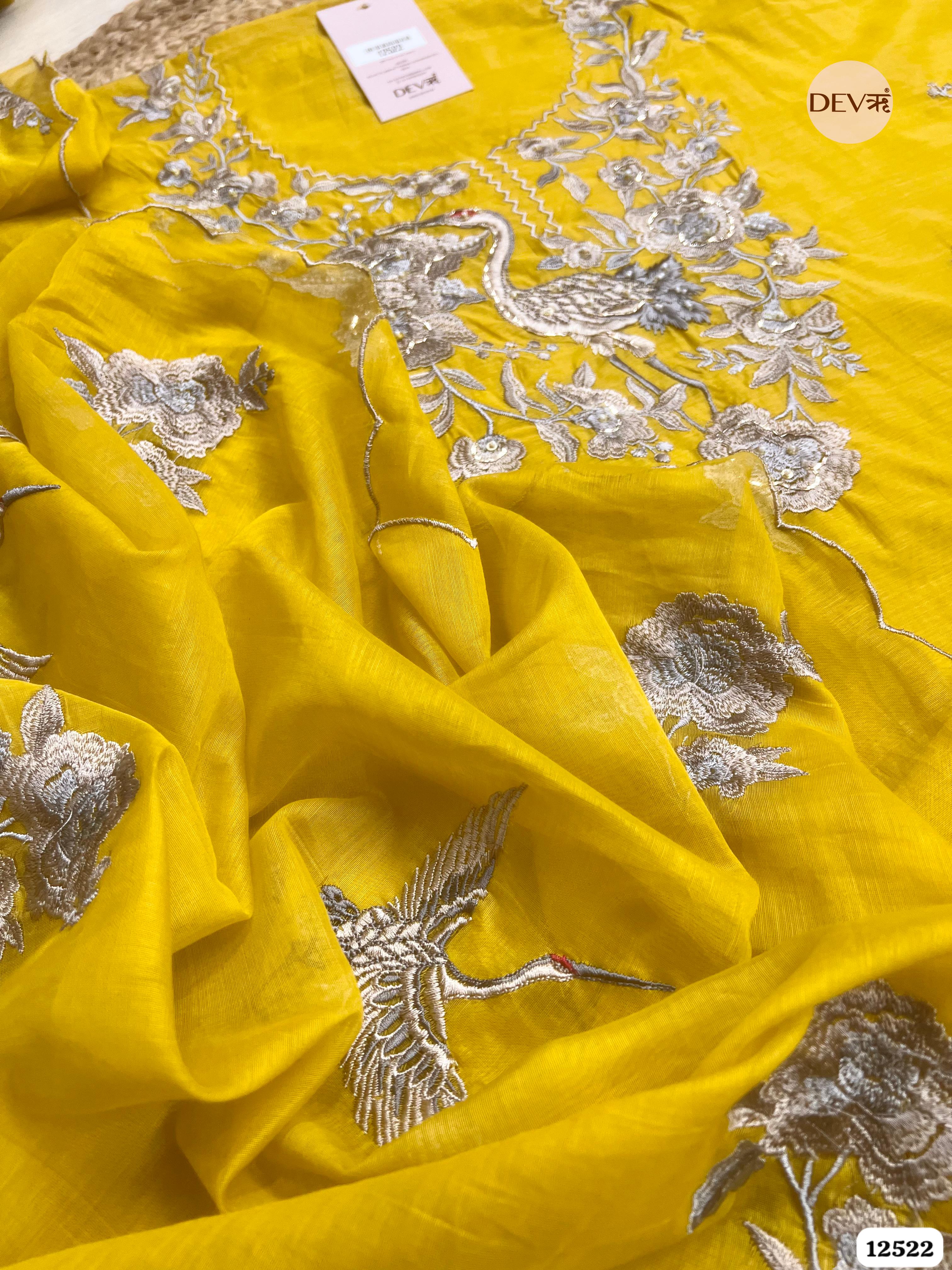 Yellow Pure Mul Chanderi Embroidered Unstitched 3-Piece Suit (Devri – D.No 12522)