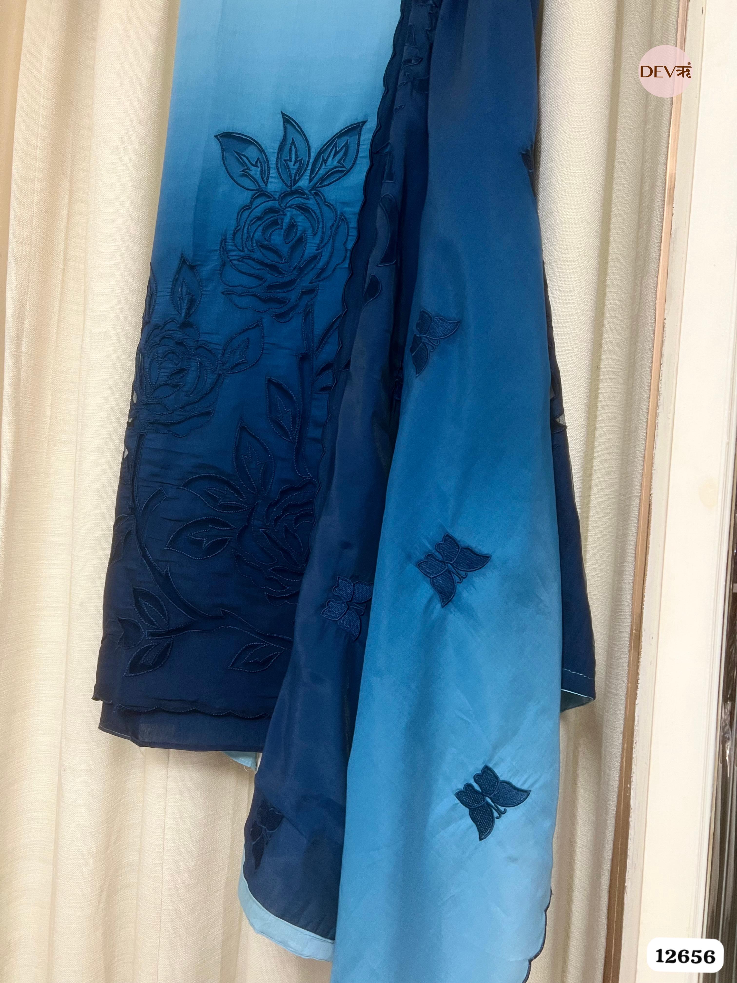 Ombre Blue Mul Chanderi Embroidered Unstitched 3-Piece Suit (Devri – D.No 12656)