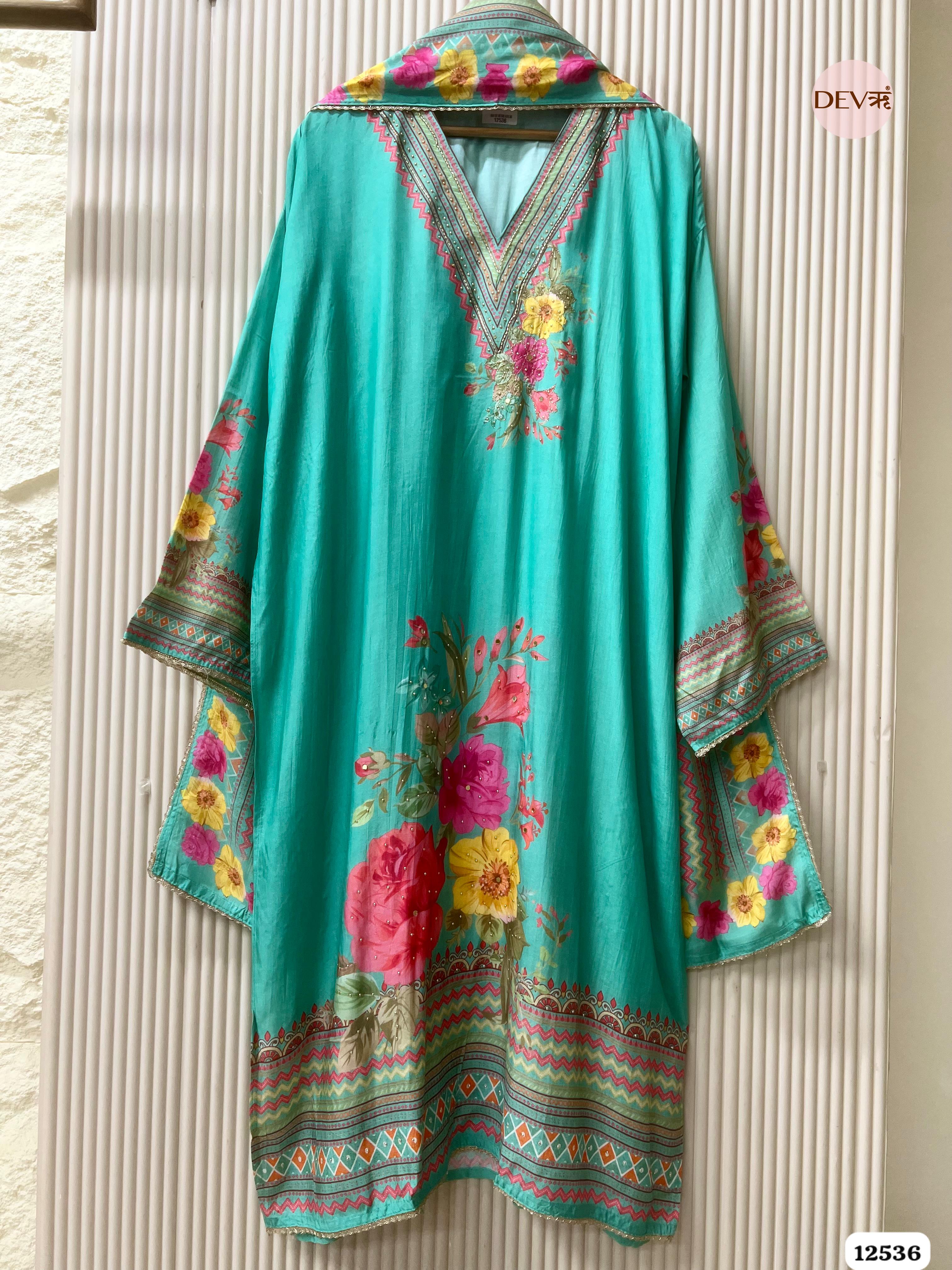 Sea Green Muslin Printed Unstitched 3-Piece Suit (Devri – D.No . 12536)