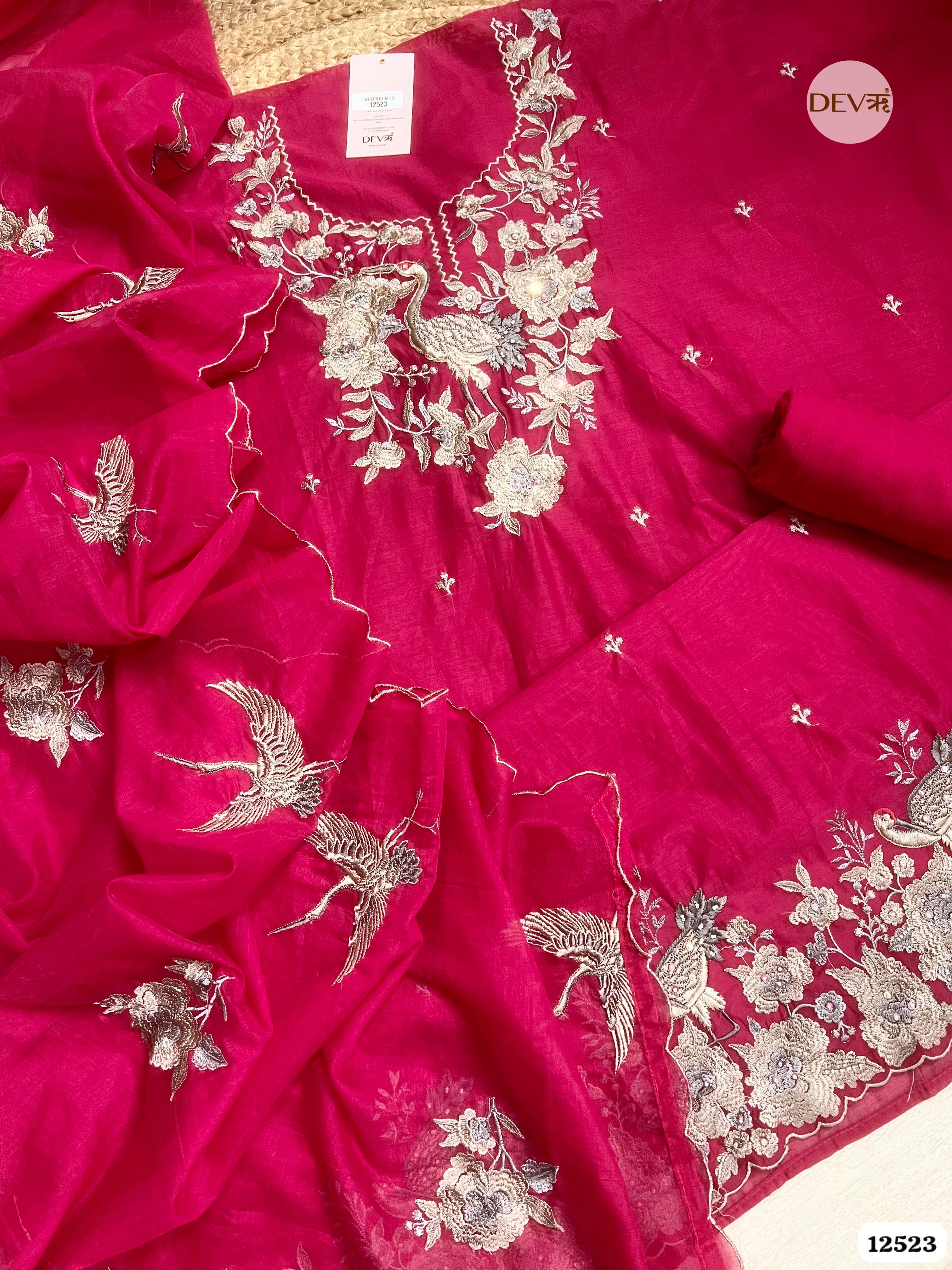 Deep Pink Pure Mul Chanderi Embroidered Unstitched 3-Piece Suit (Devri – D.No .12523)