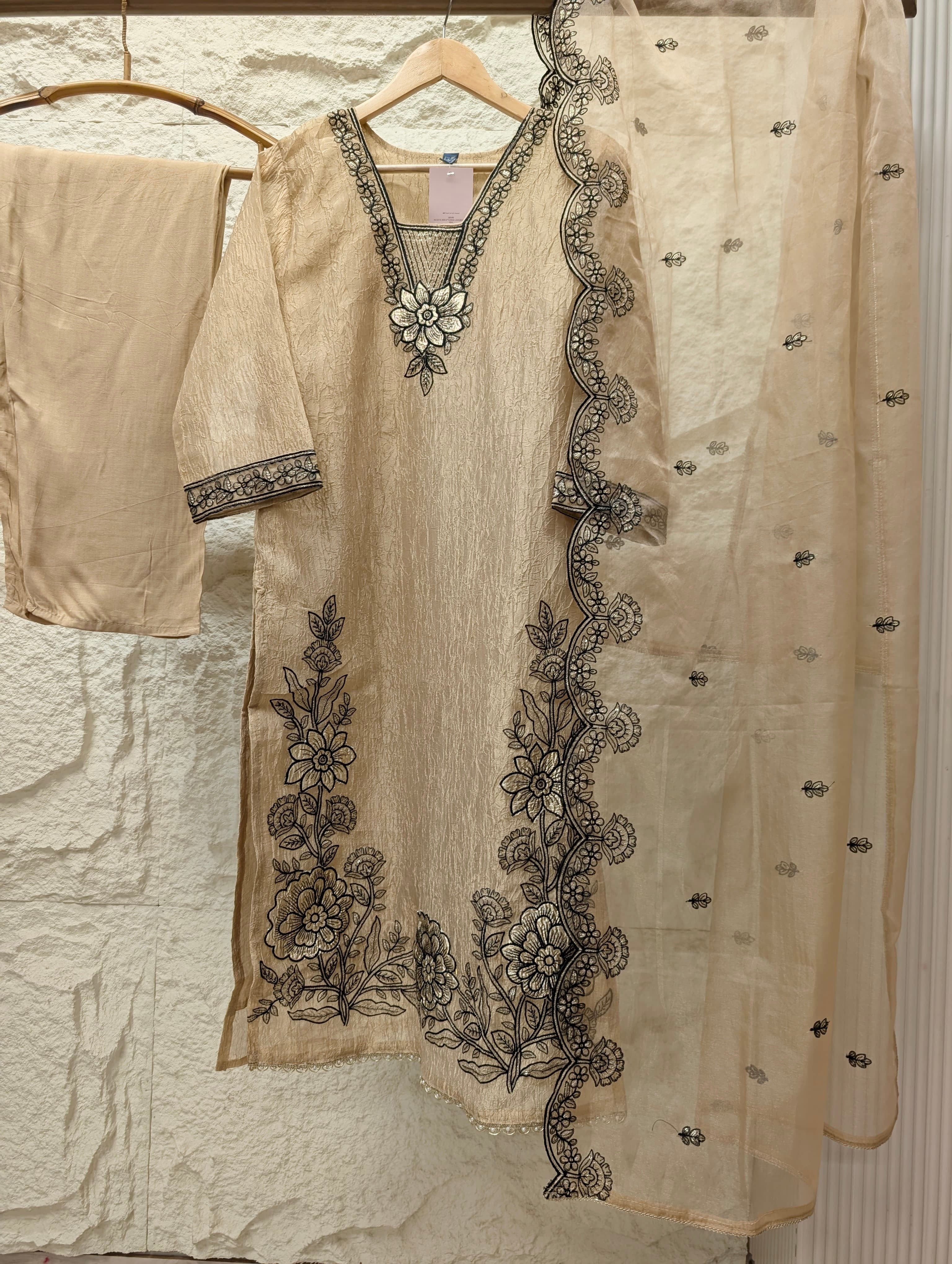 Gulnaar Tissue silk Embroidered Beige 3-Piece Set (Devri – D.No 13799)