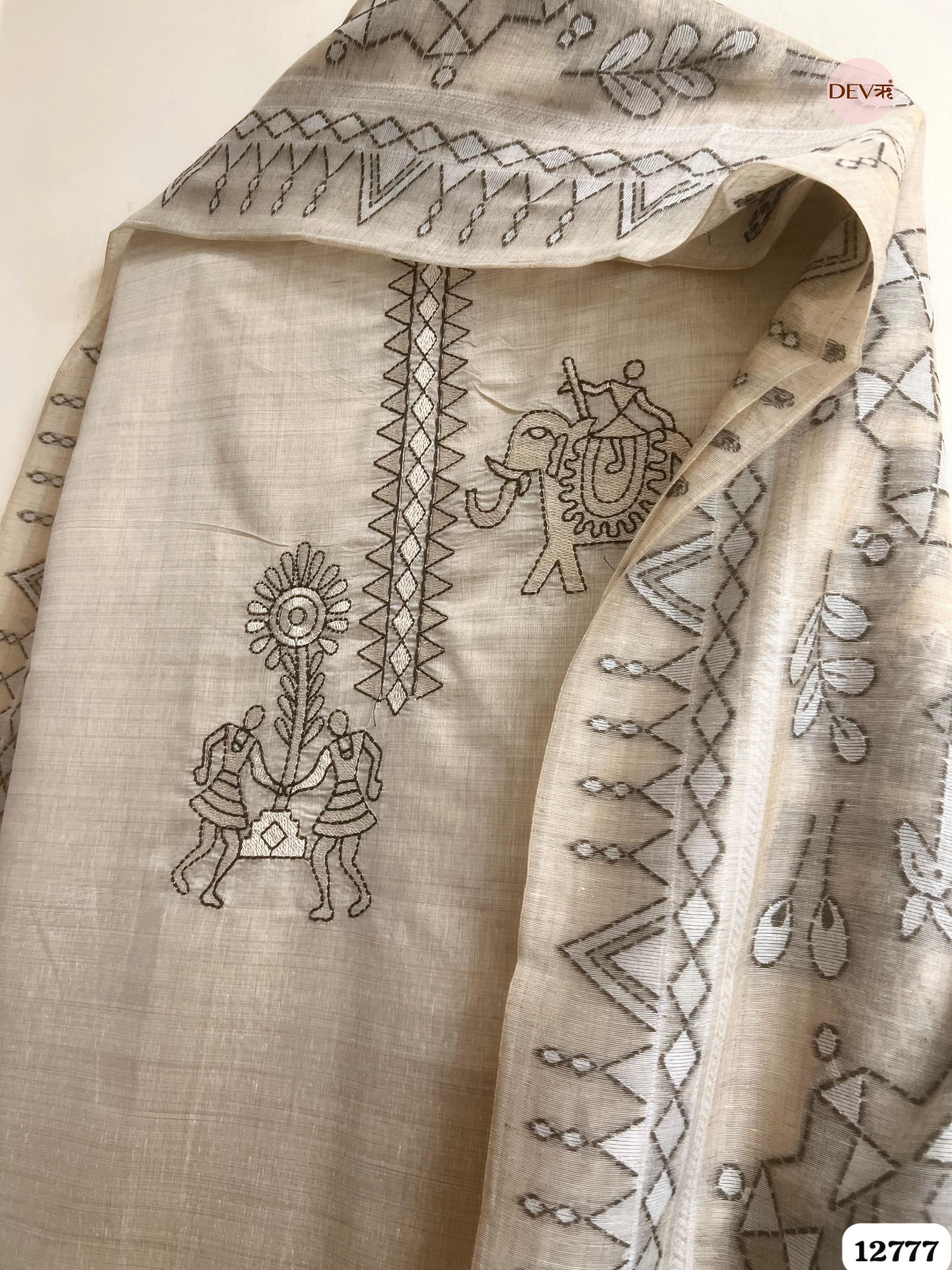 Ivory Mul Chanderi Embroidered Unstitched 3-Piece Suit (Devri – D.No 12777)