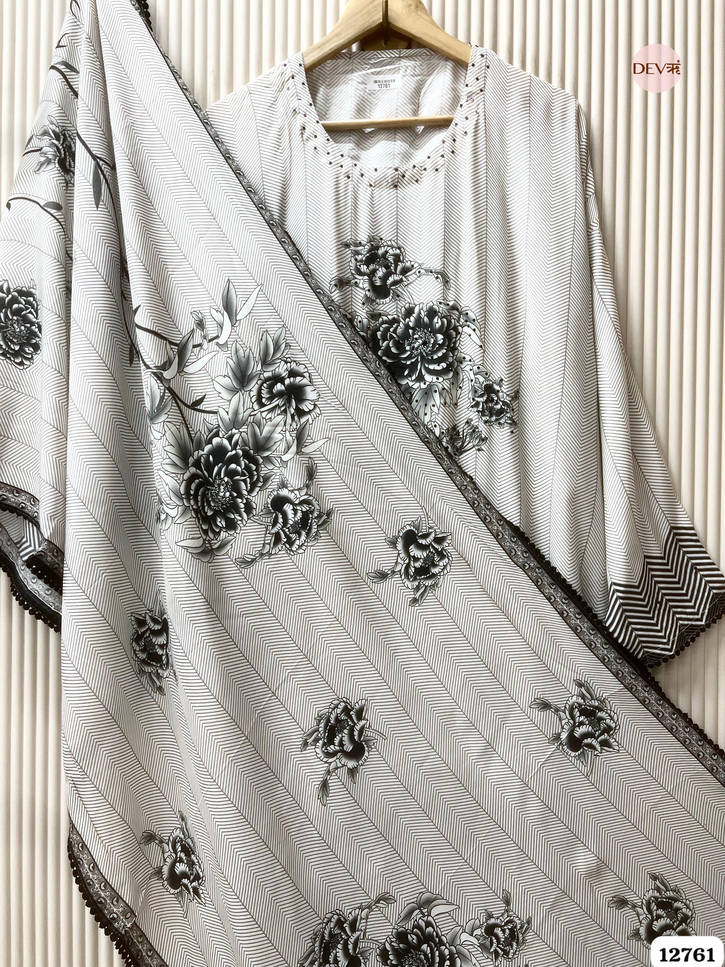 Off-White and Black Muslin Printed Unstitched 3-Piece Suit (Devri – D.No 12761)