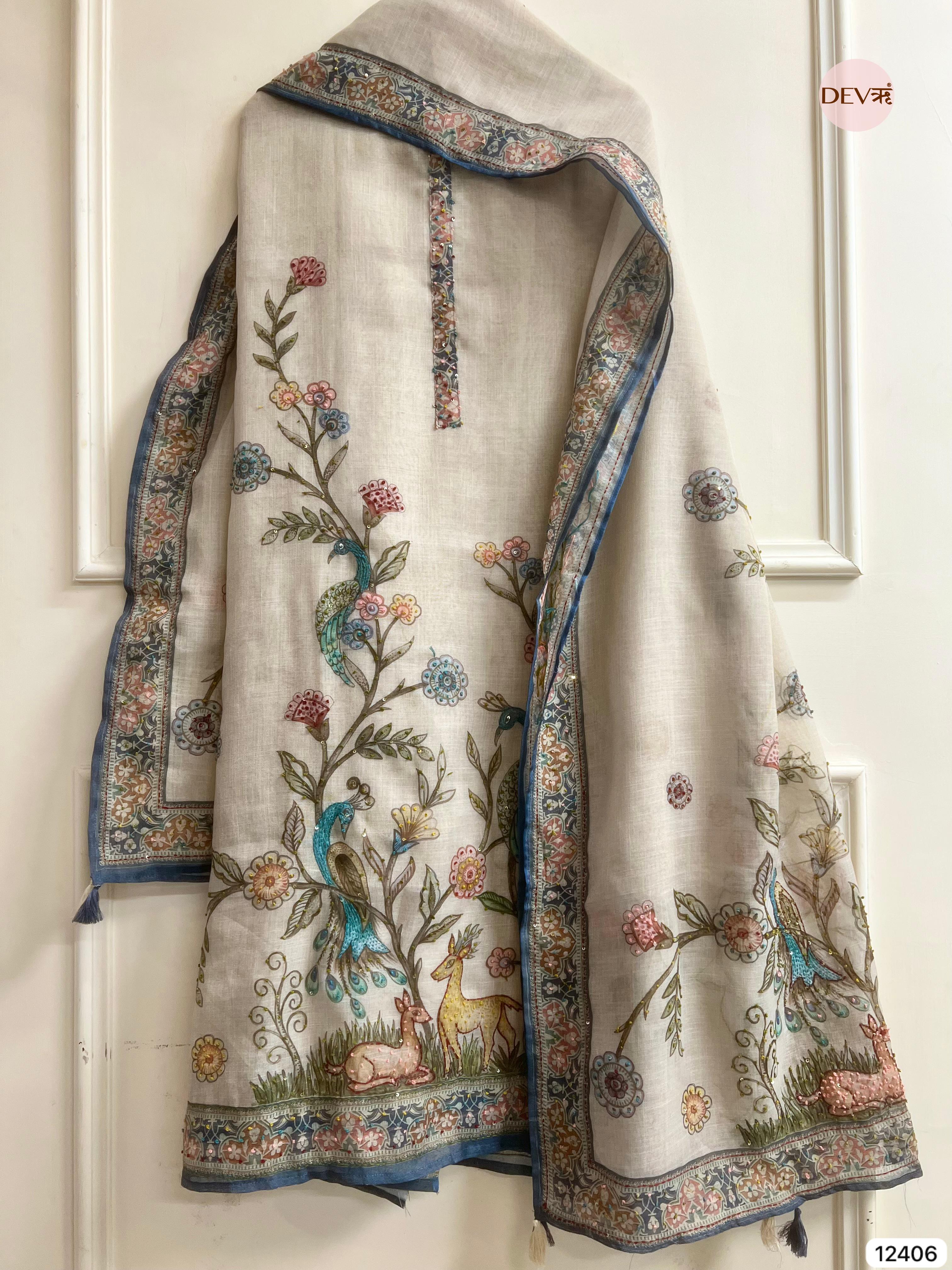 Beige Pure Linen Cotton Printed Unstitched 3-Piece Suit (Devri – D.No 12406)