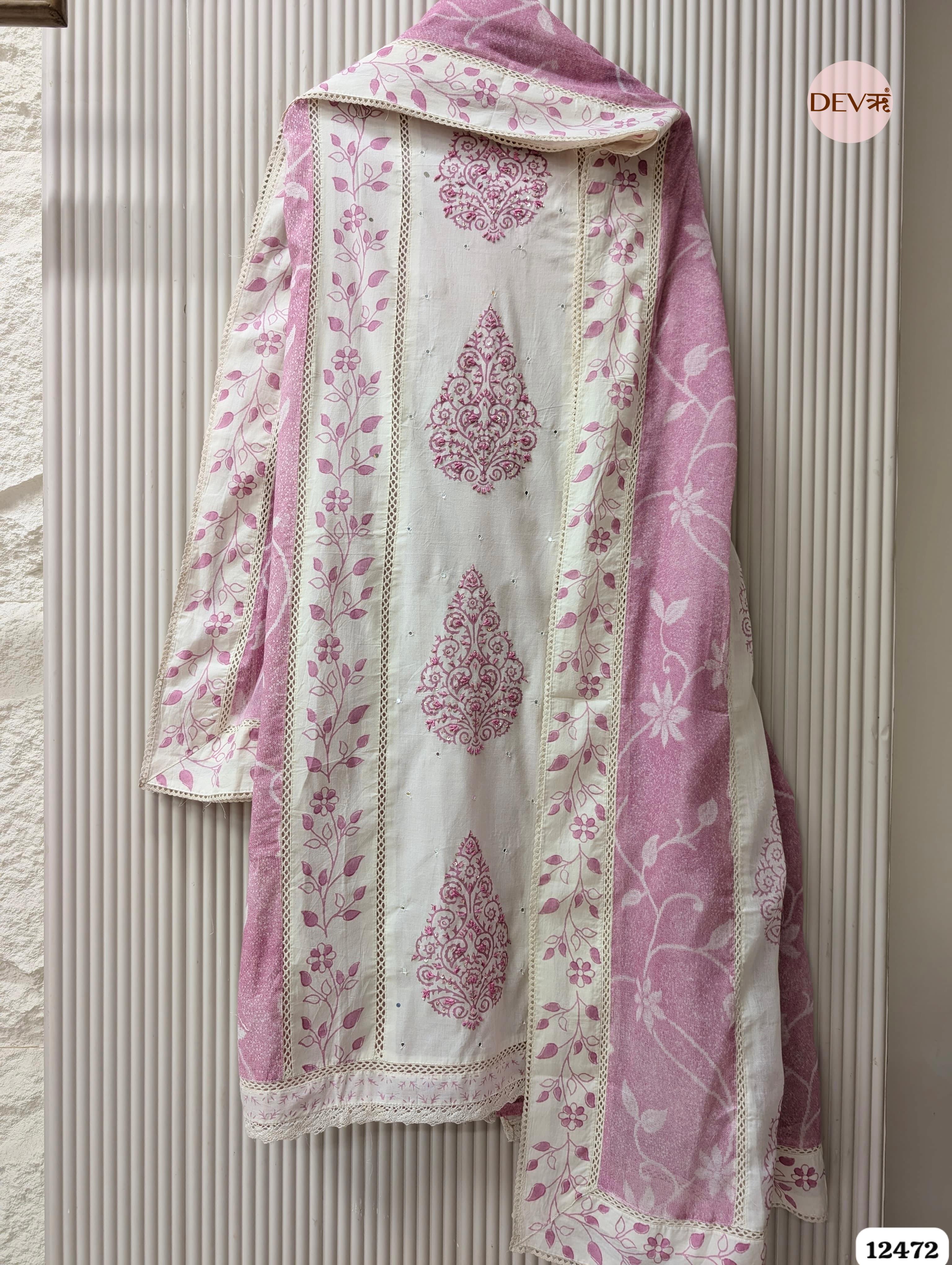 Pink & White Pure Cotton Printed & Embroidered Unstitched 3-Piece Suit (Devri – D.No 12472)