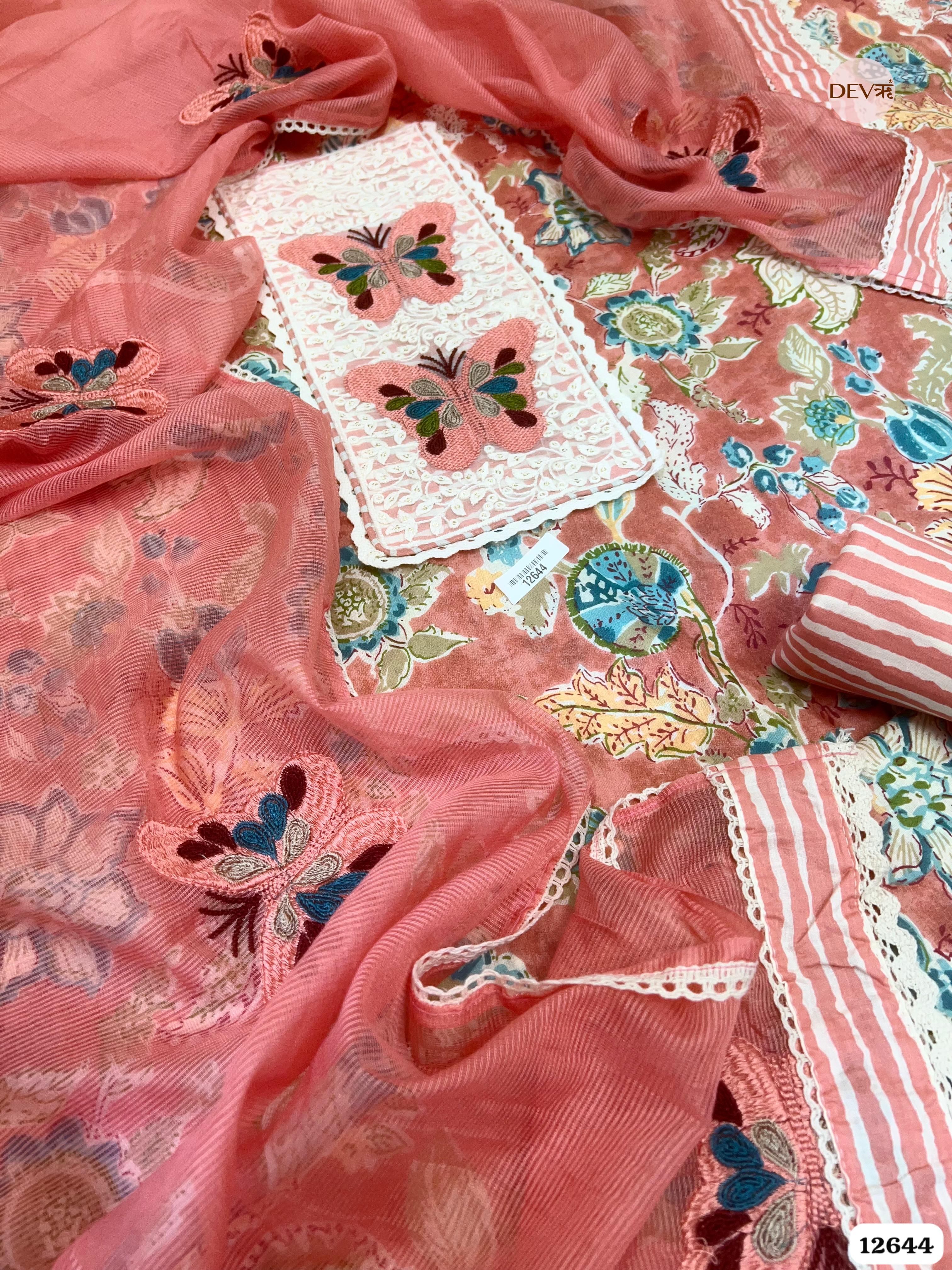 Peach Cotton Floral Embroidered Unstitched 3-Piece Suit (Devri – D.No 12644)