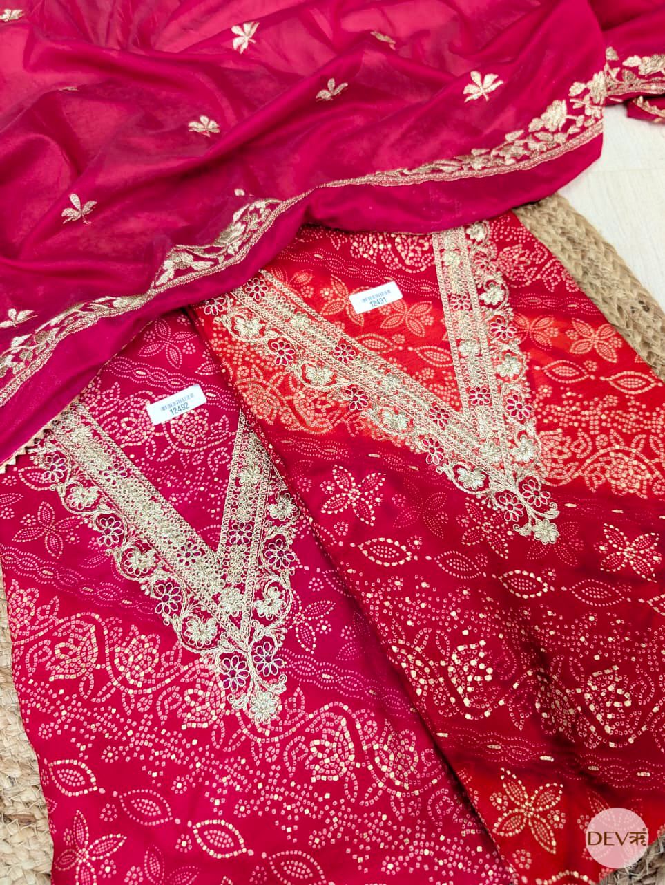 Red Modal Silk Embroidered Unstitched 3-Piece Suit (Devri – D.No 12491)