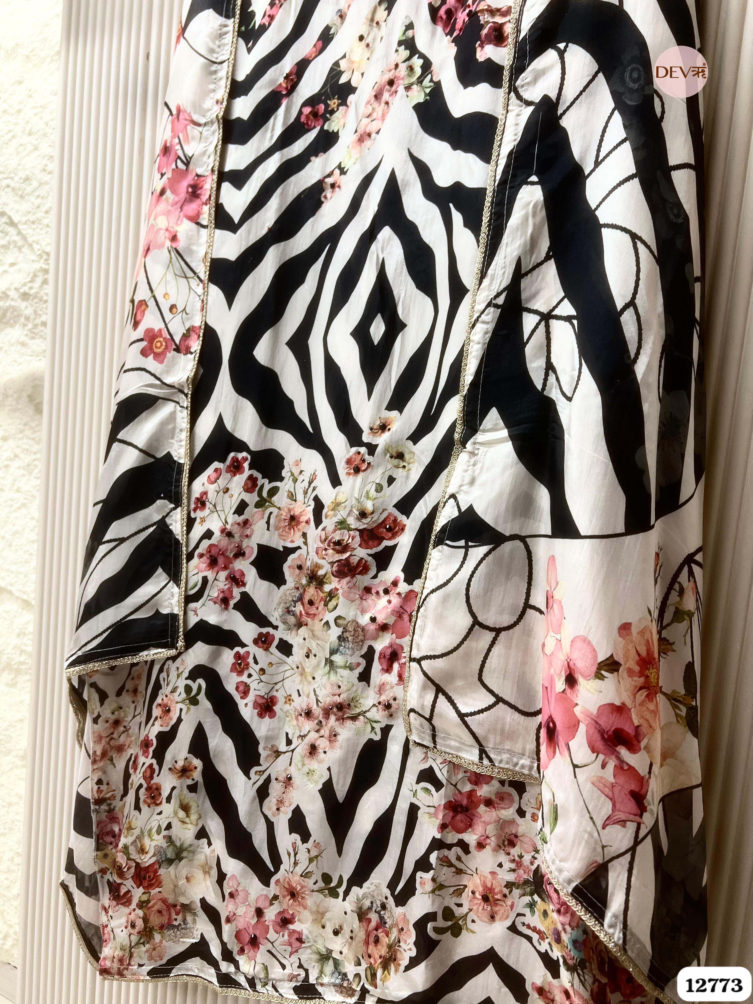 Black & White Organza Silk Printed Unstitched 3-Piece Suit (Devri – D.No 12773)