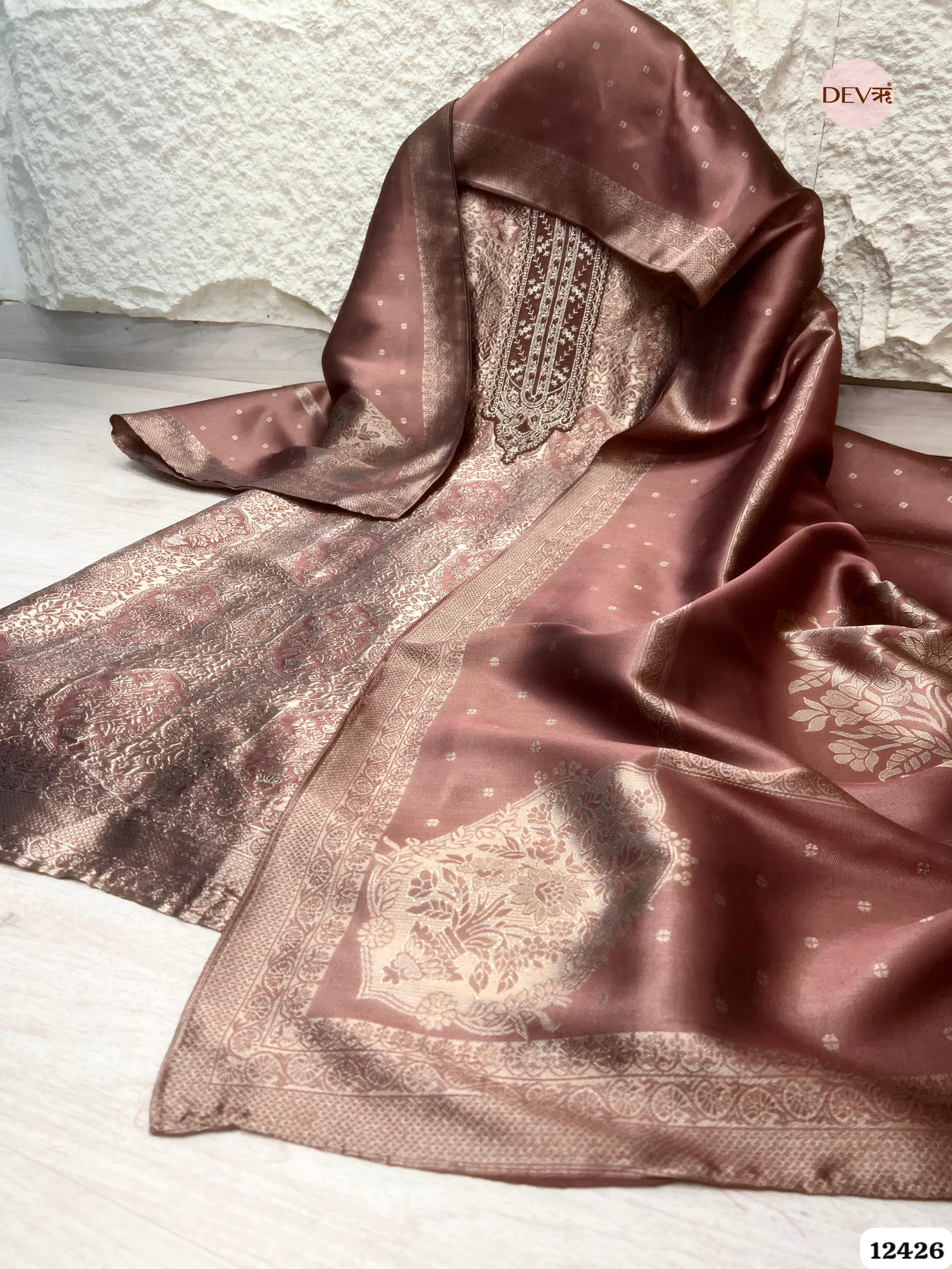Dusty Rose Banarasi Silk Printed Unstitched 3-Piece Suit (Devri – D.No. 12426)