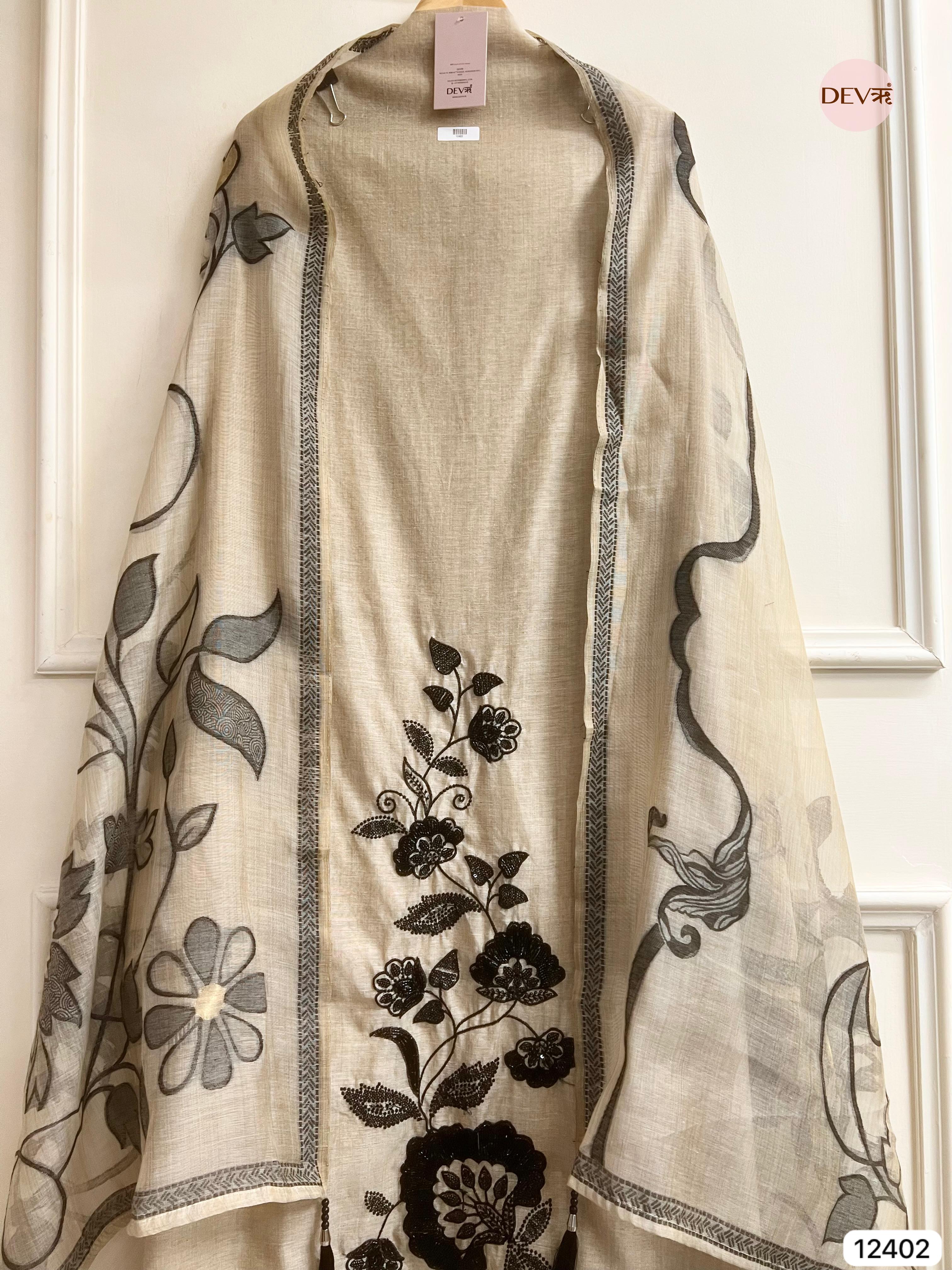 Beige Mul Chanderi Embroidered Unstitched 3-Piece Suit (Devri – D.No 12402)