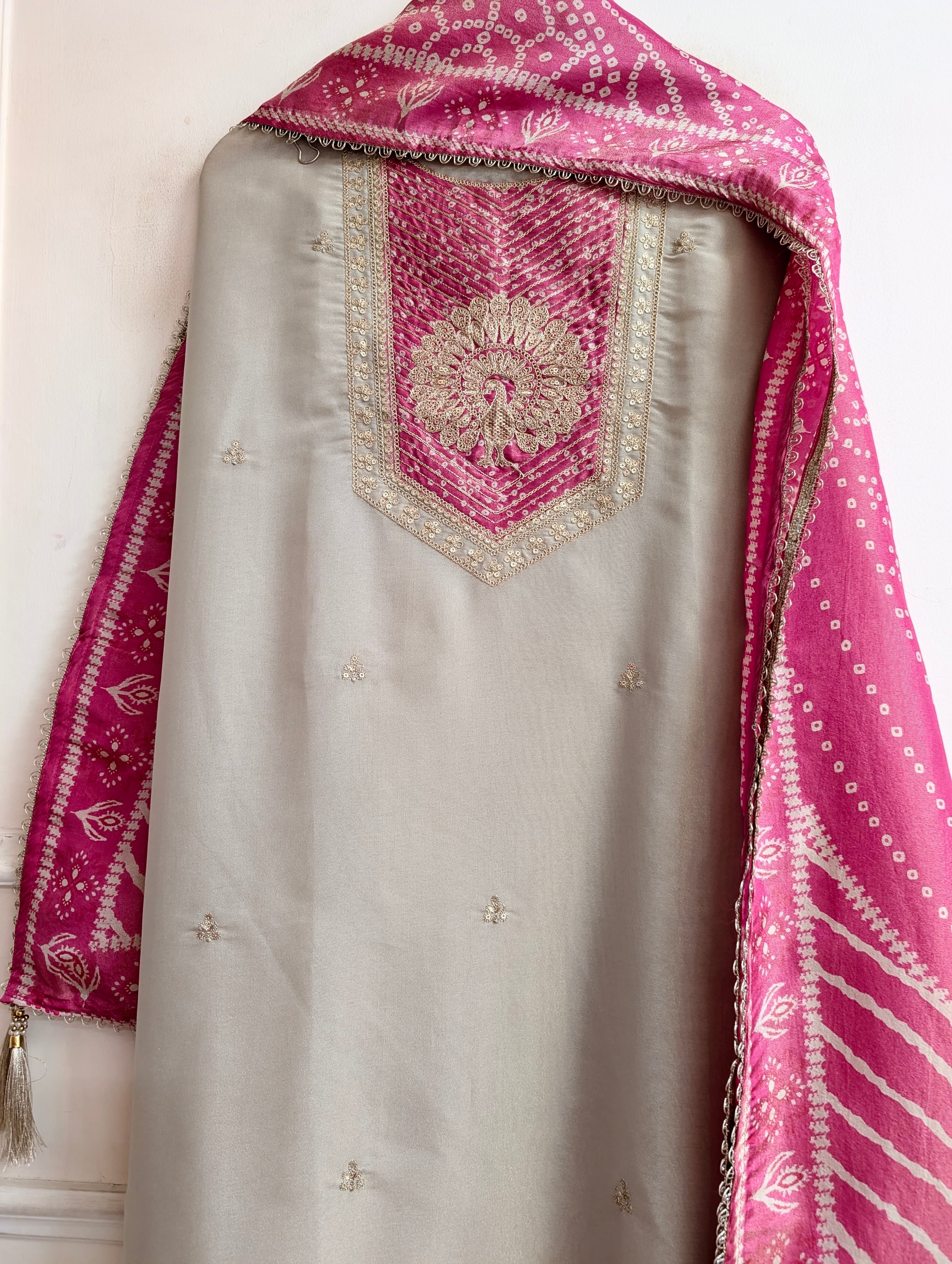 Beige Tissue Silk Embroidered Unstitched 3-Piece Suit (Devri – D.No 13736)