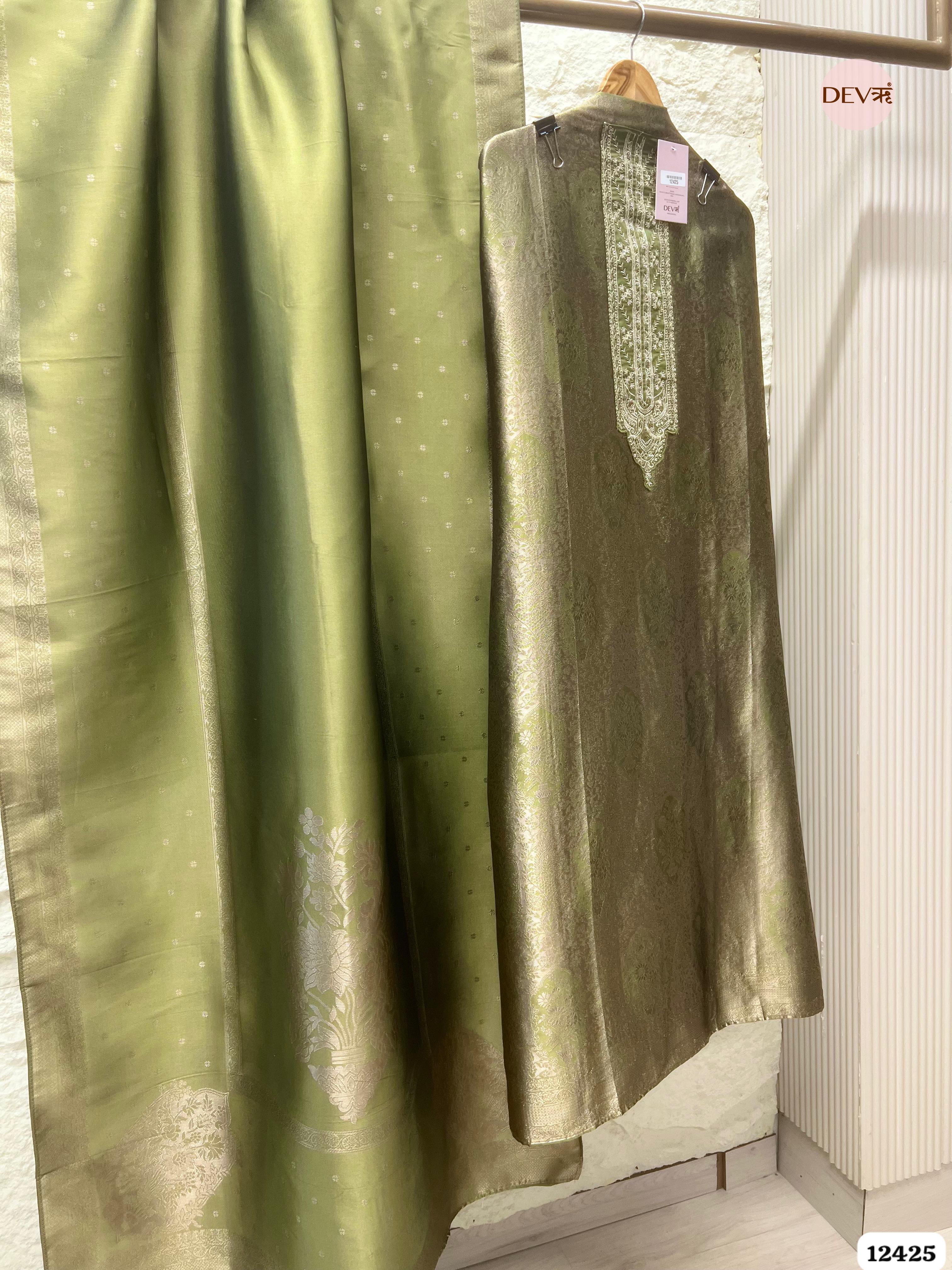 Soft Olive Banarasi Silk Printed Unstitched 3-Piece Suit (Devri – D.No. 12425)