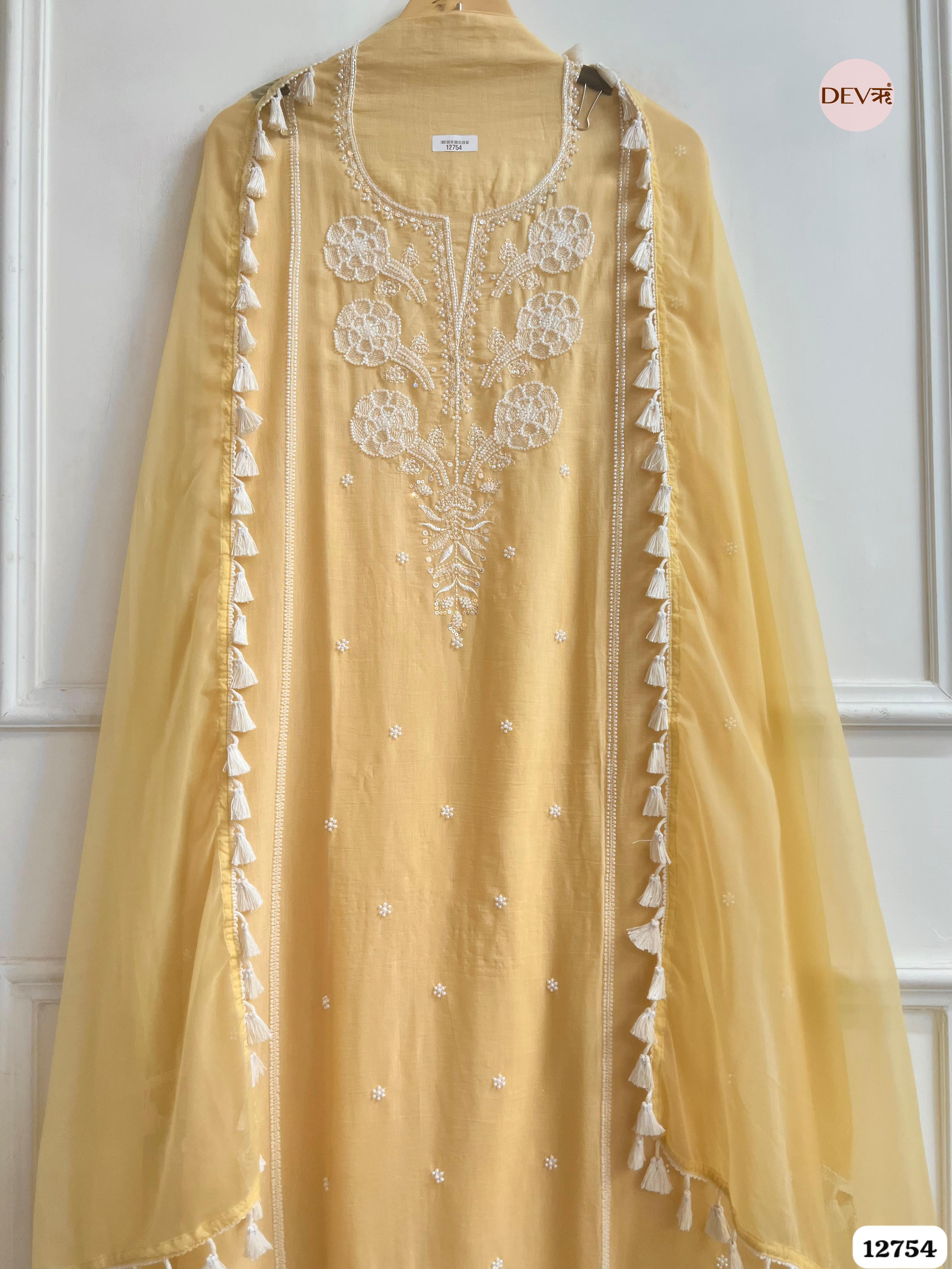 Yellow Mul Cotton Embroidered Unstitched 3-Piece Suit (Devri – D.No 12754)