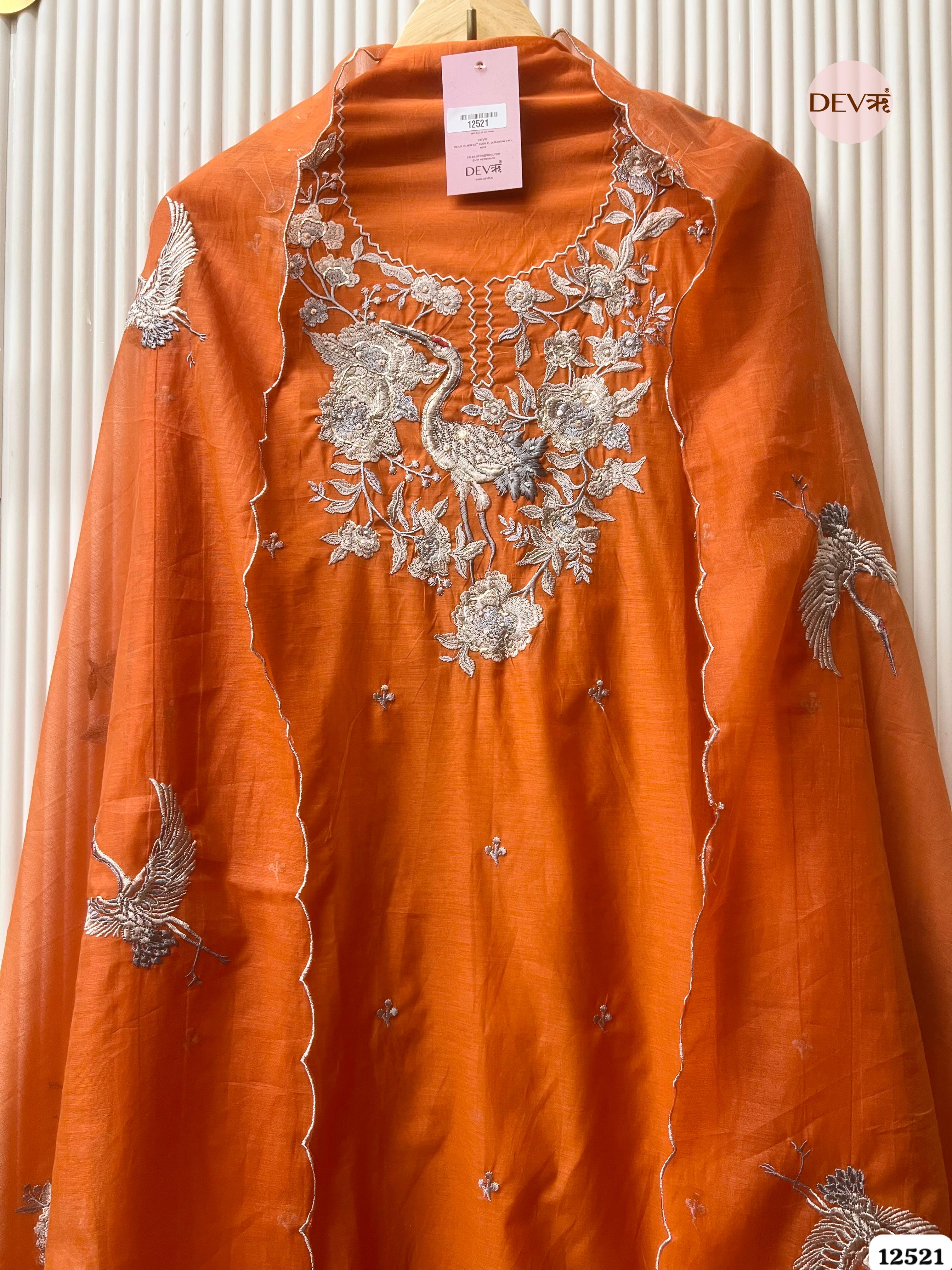 Orange Pure Mul Chanderi Embroidered Unstitched 3-Piece Suit (Devri – D.No 12521)