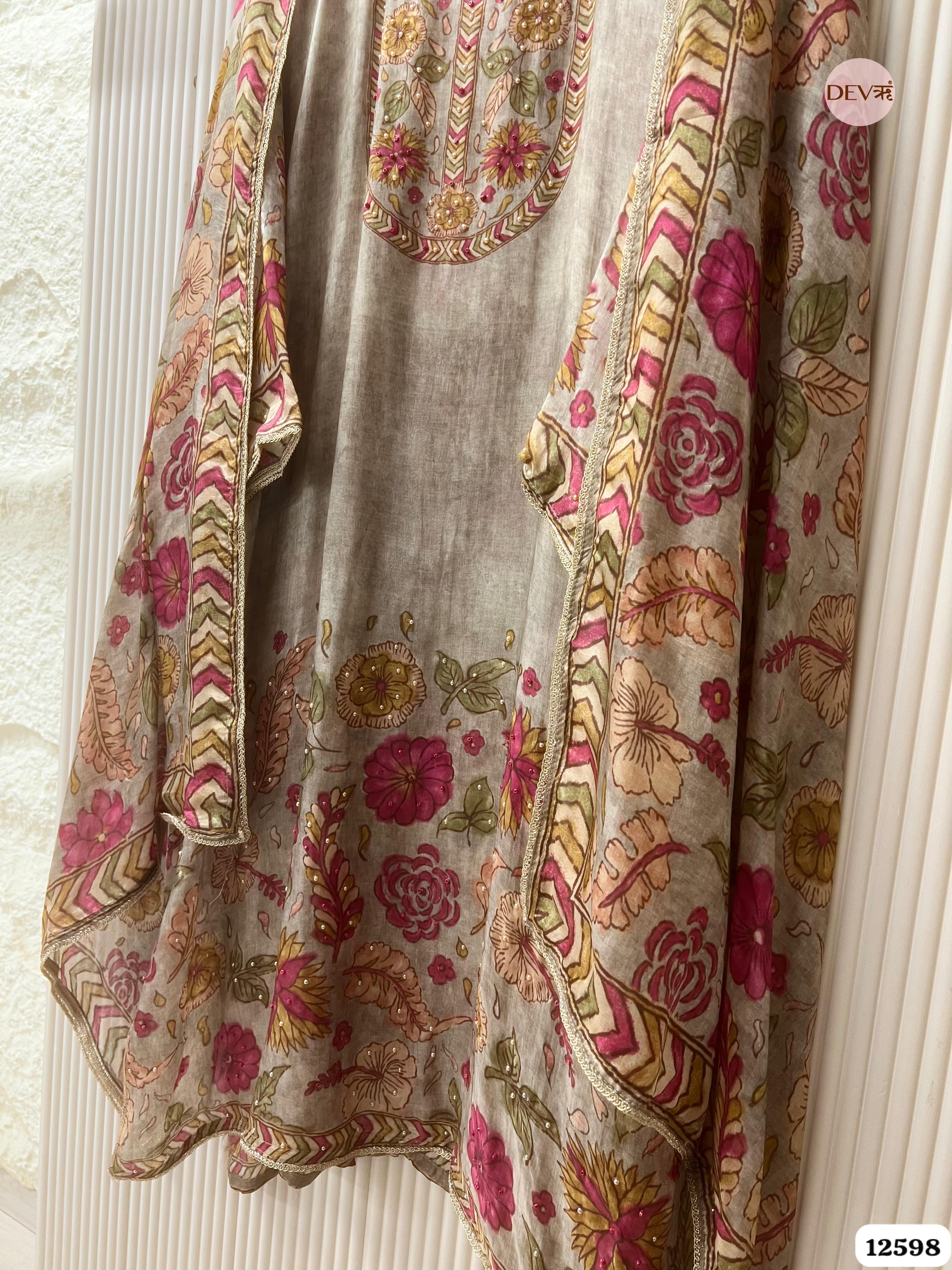 Beige Muslin Floral Printed Unstitched 3-Piece Suit (Devri – D.No 12598)