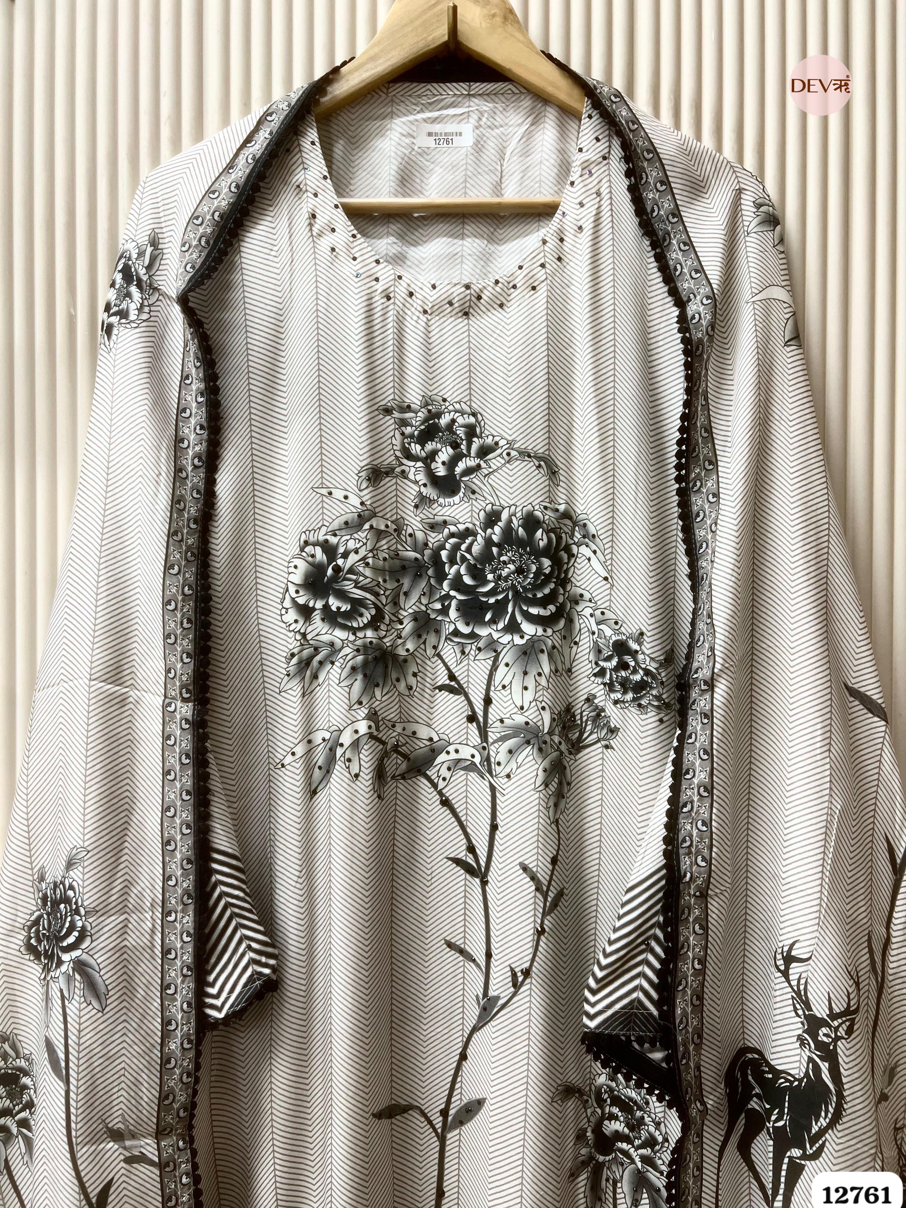 Off-White and Black Muslin Printed Unstitched 3-Piece Suit (Devri – D.No 12761)