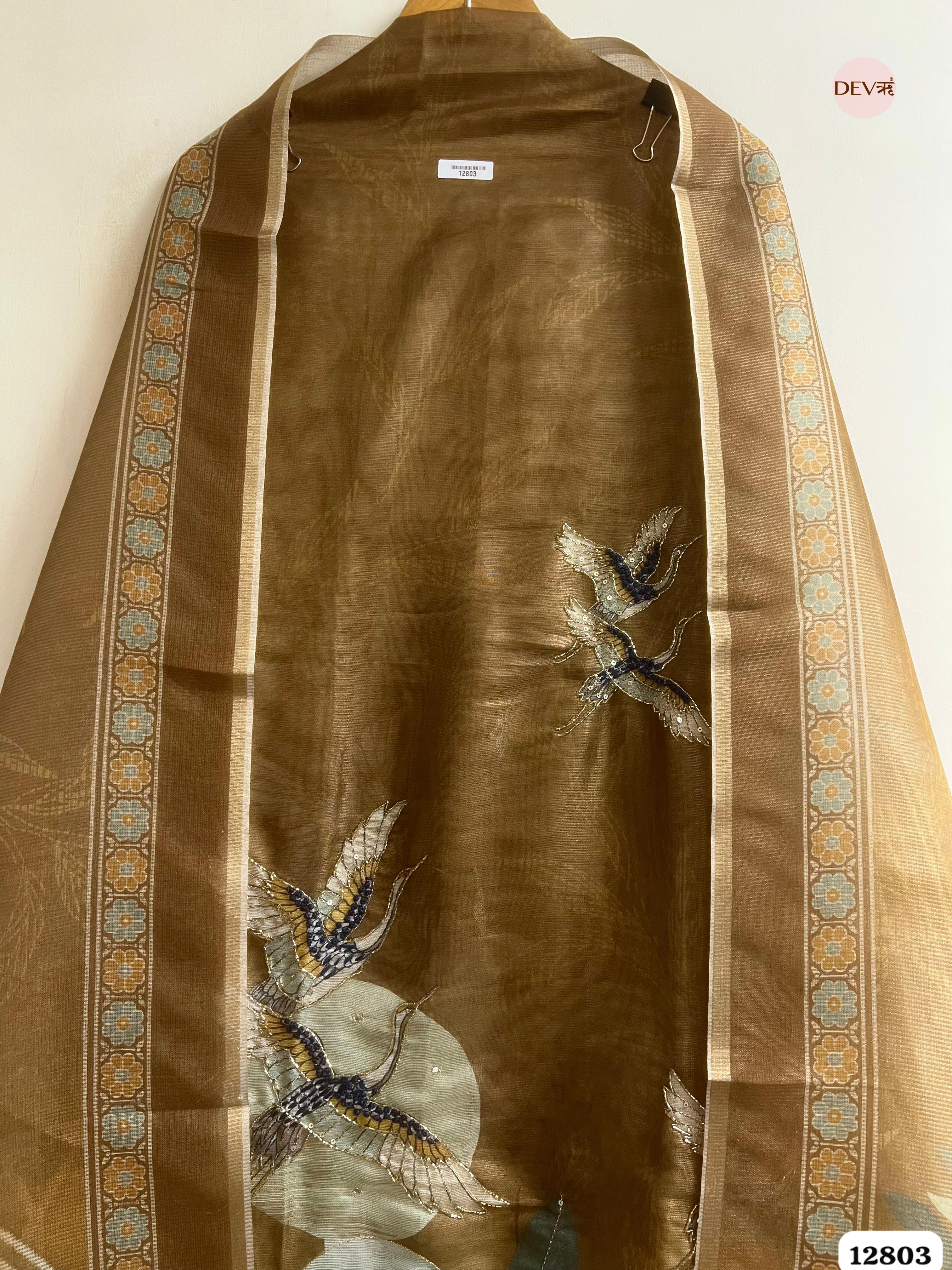 Brown Burbery Shimmer Printed Unstitched 3-Piece Suit (Devri – D.No 12803)