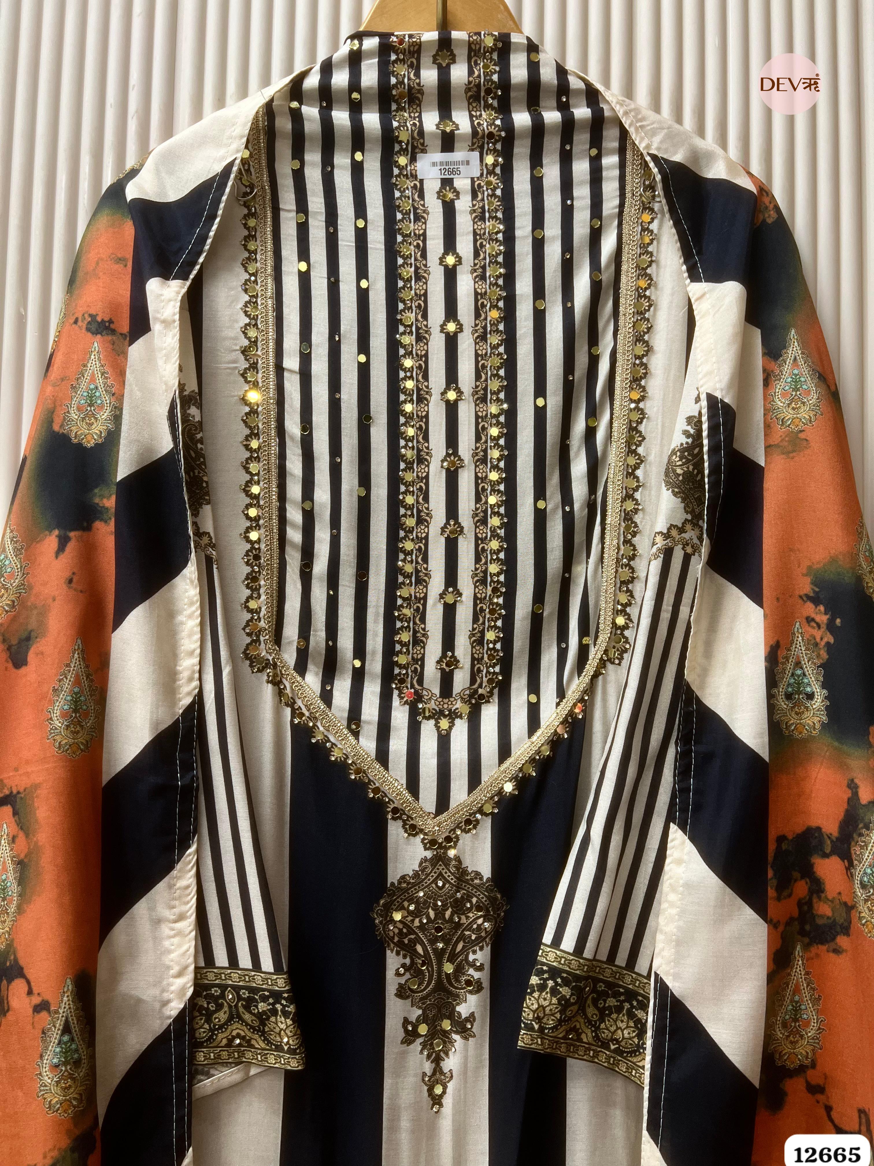 Ivory & Rust Muslin Printed Unstitched 3-Piece Suit (Devri – D.No 12665)
