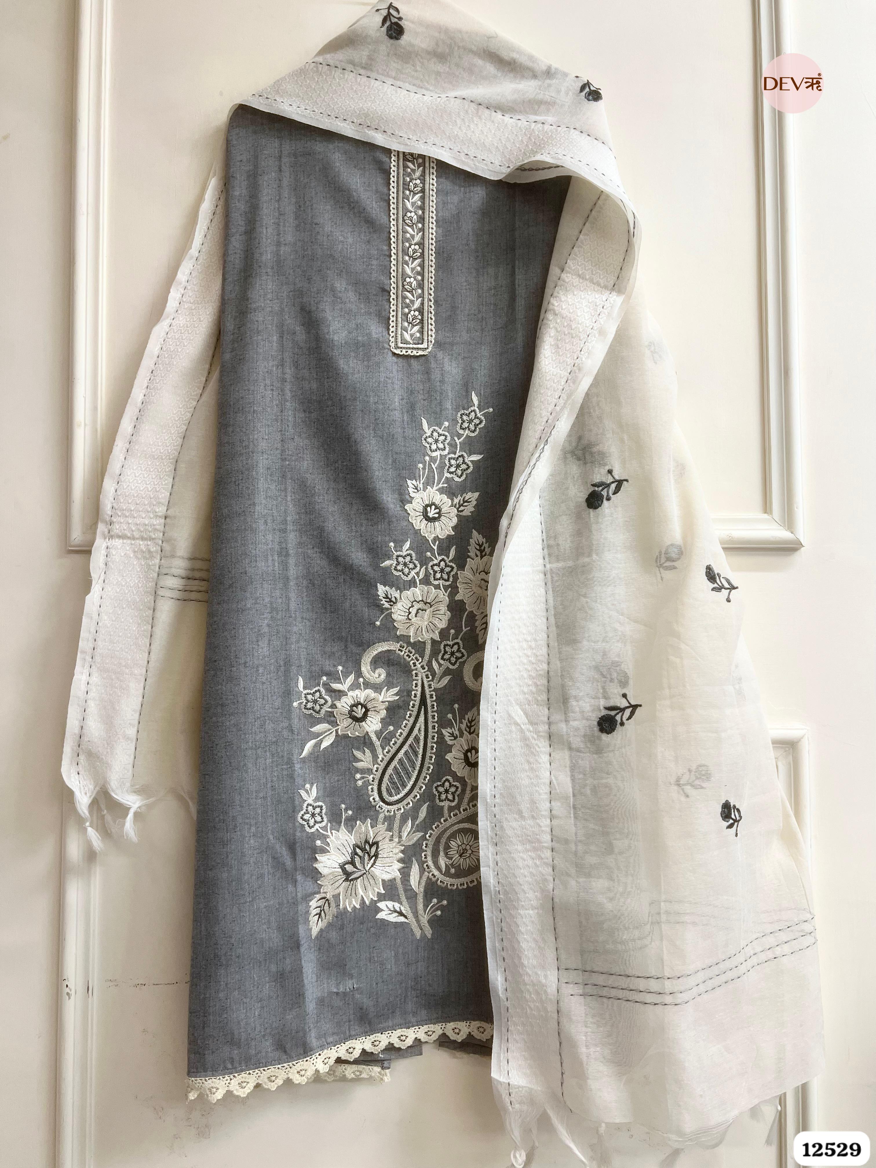 Slate Grey Handloom Cotton Embroidered Unstitched 3-Piece Suit (Devri – D.No. 12529)