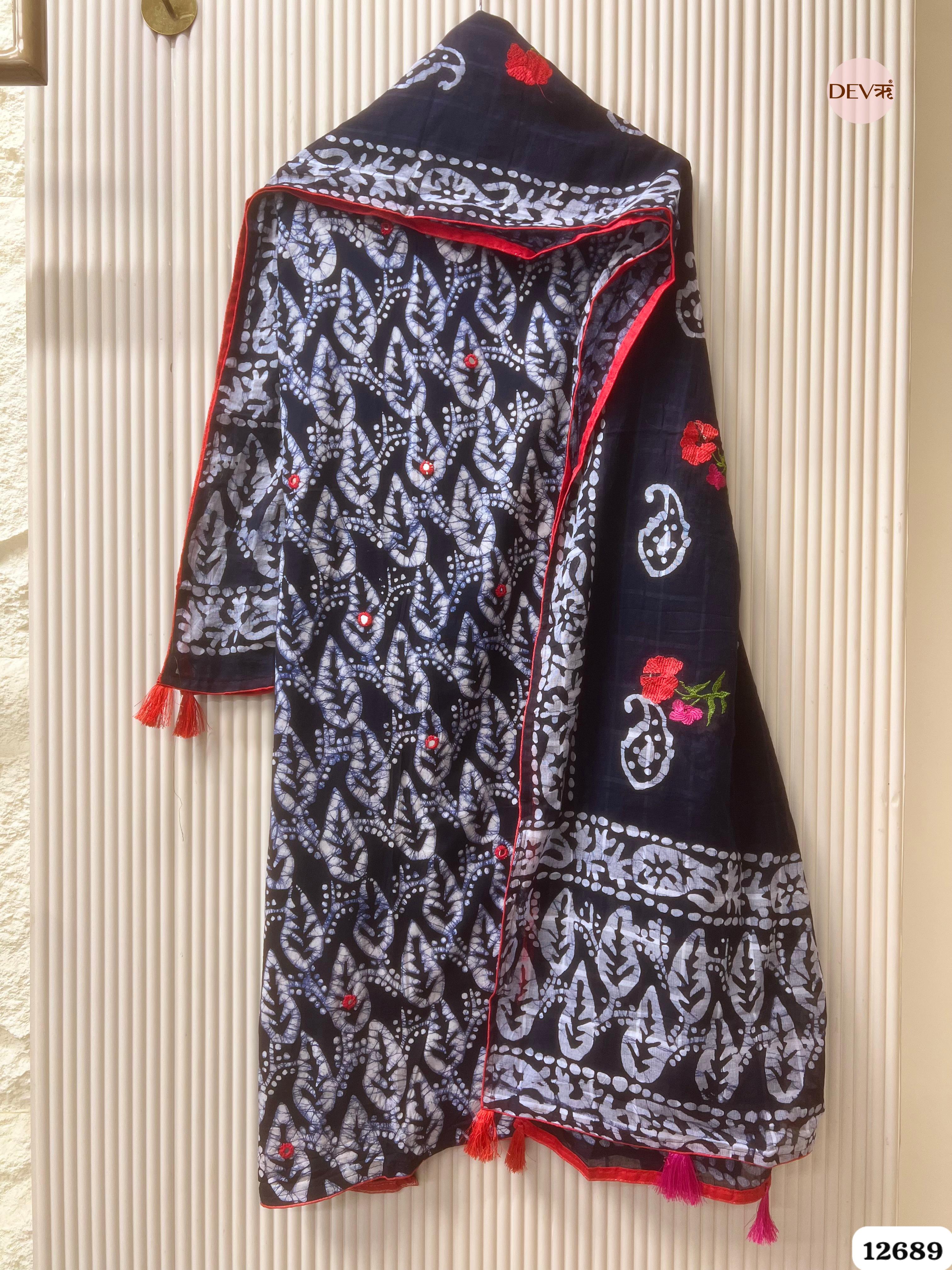 Navy Blue Cotton Batik Printed Unstitched 3-Piece Suit (Devri – D.No 12689)