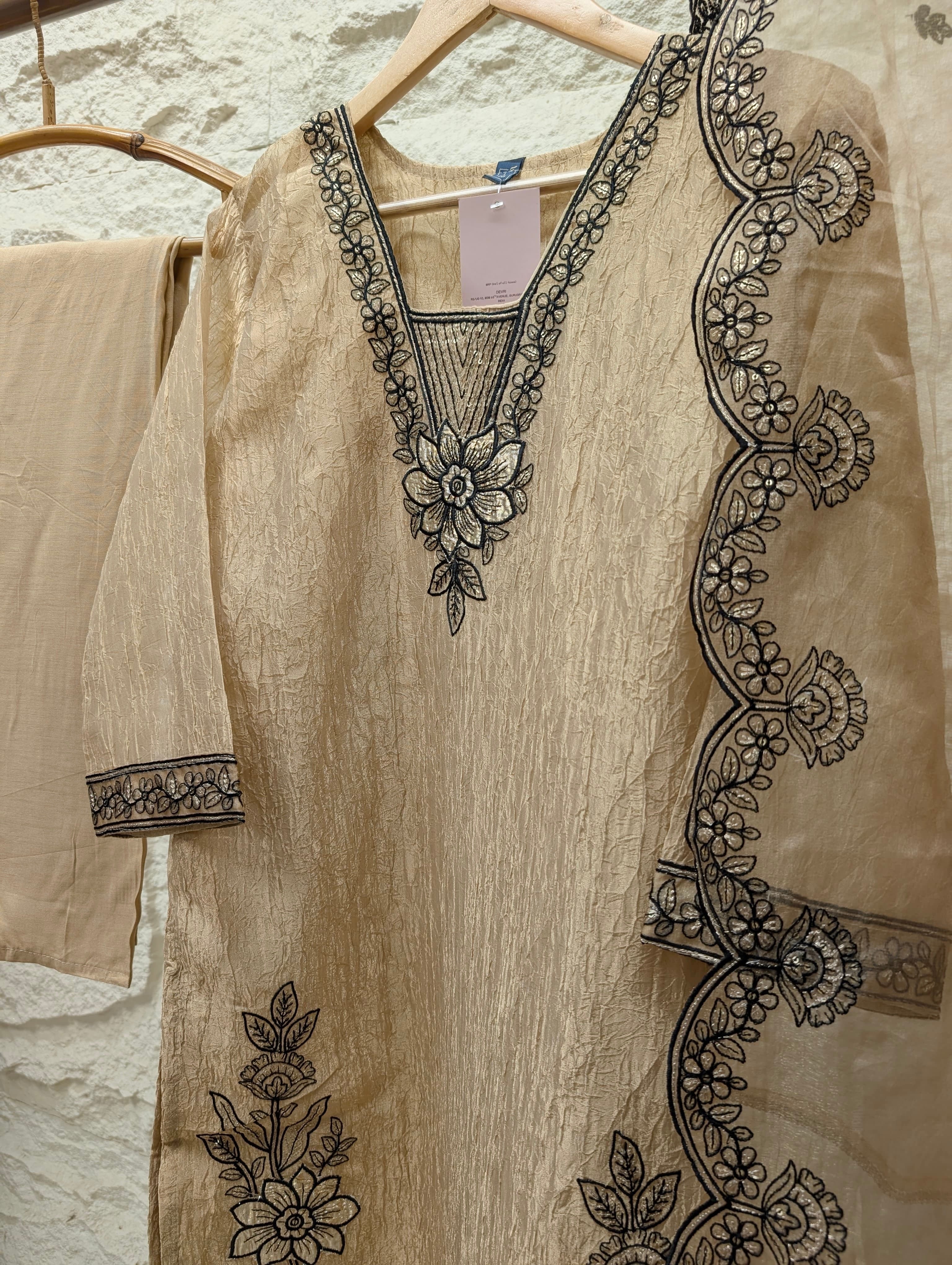 Gulnaar Tissue silk Embroidered Beige 3-Piece Set (Devri – D.No 13799)
