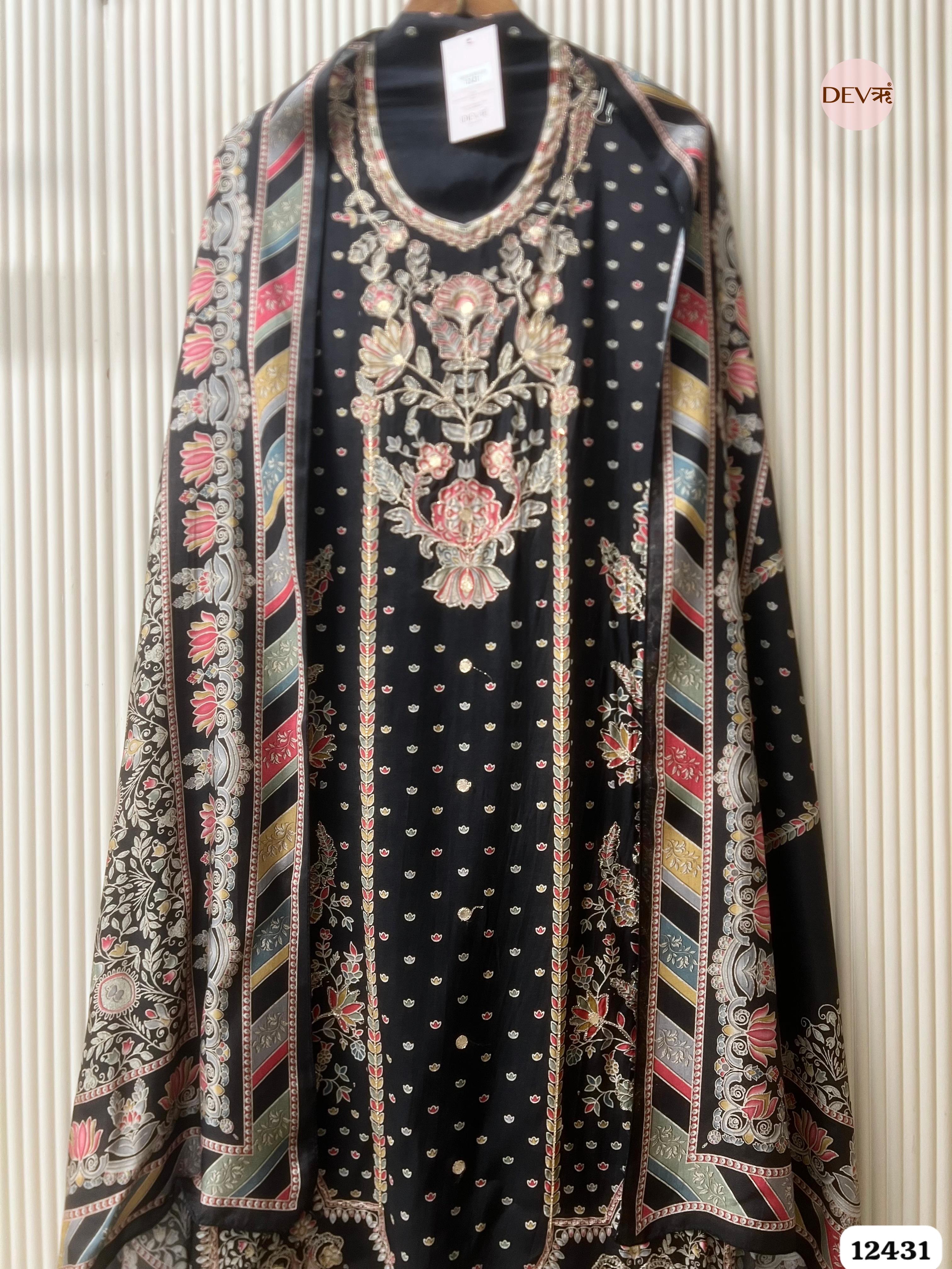 Black Muslin Printed Unstitched 3-Piece Suit (Devri – D.No. 12431)
