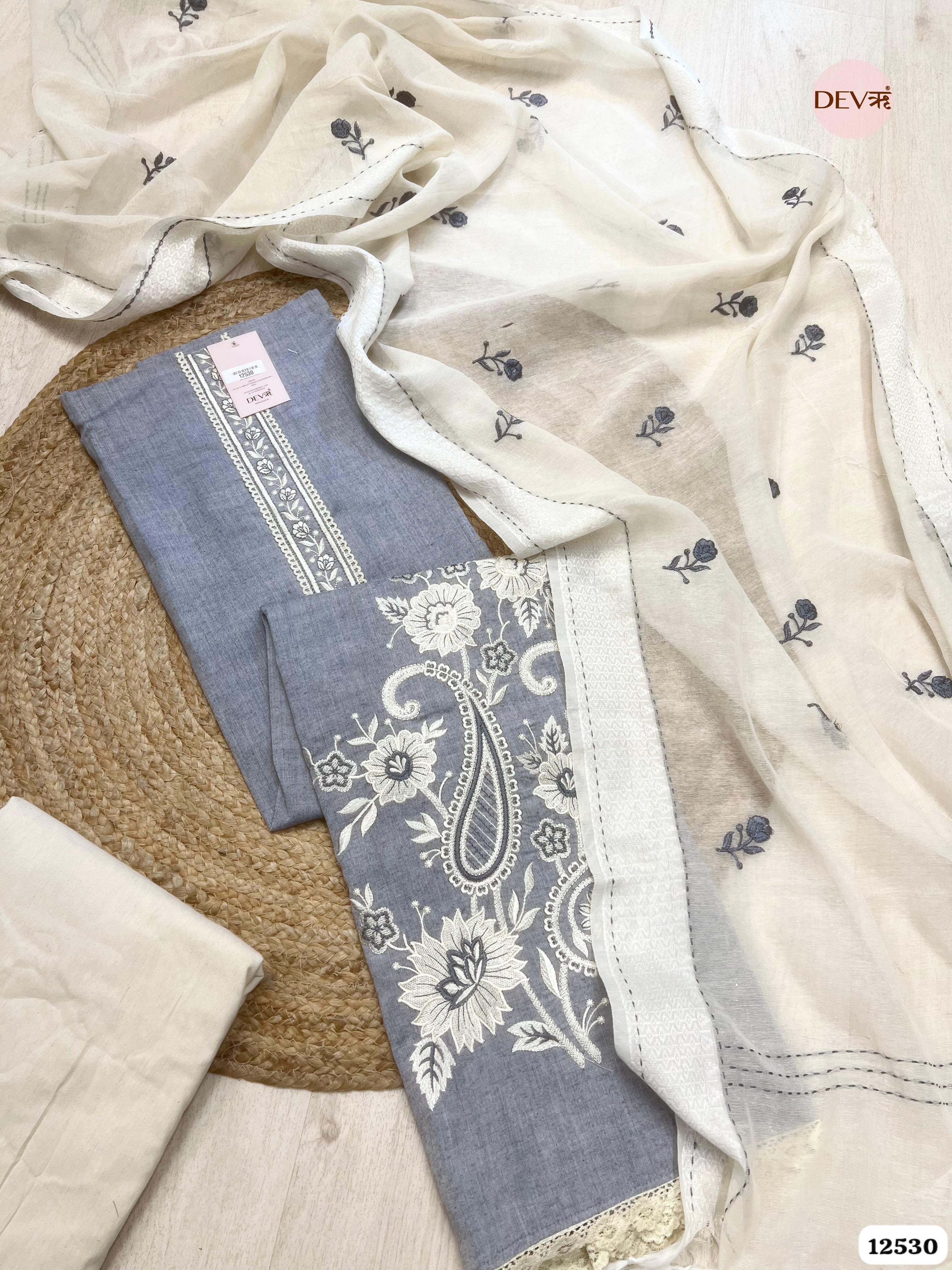 Grey Handloom Cotton Embroidered Unstitched 3-Piece Suit (Devri – D.No 12530)
