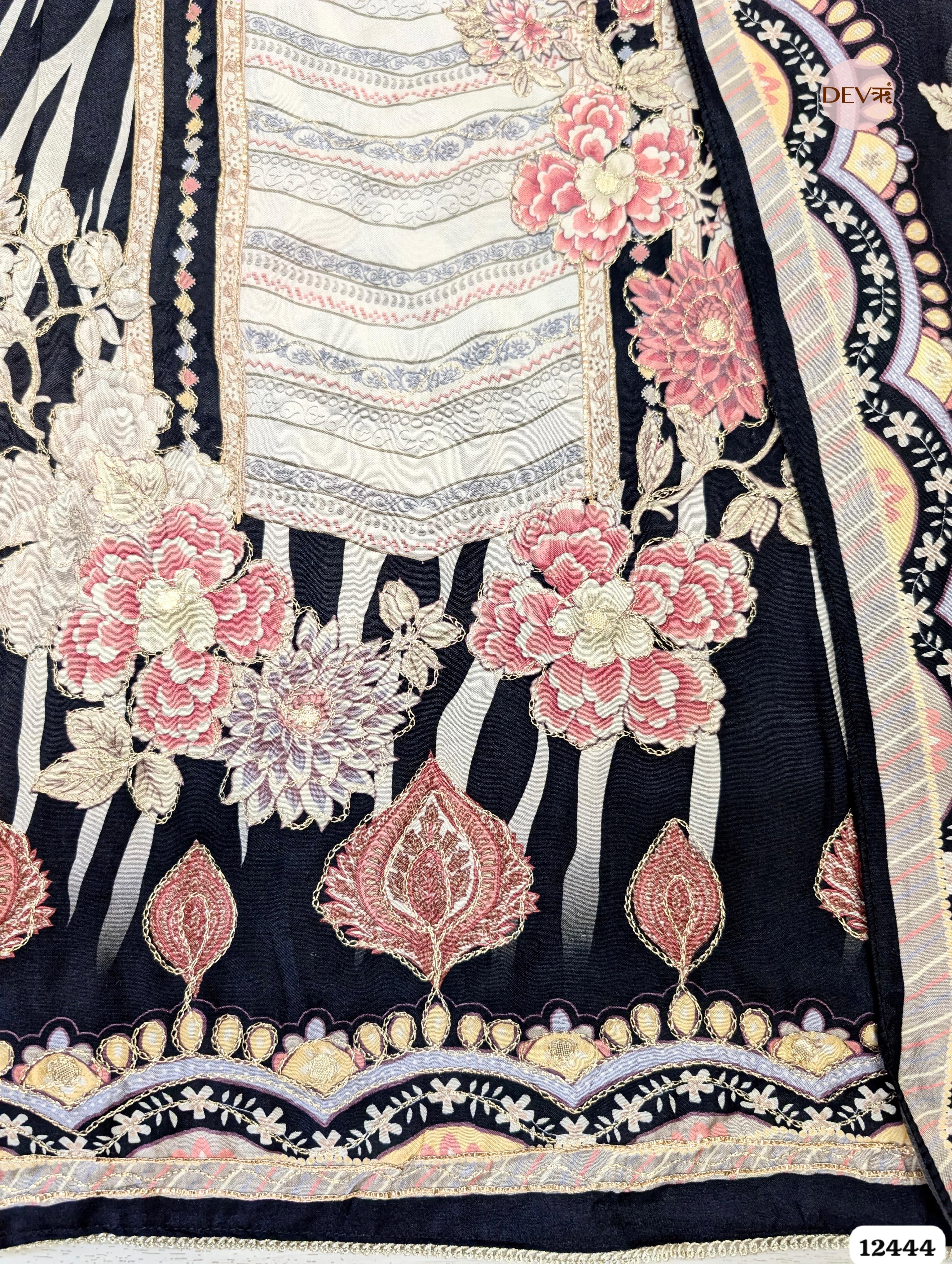 Black & Ivory Muslin Digital Printed Unstitched 3-Piece Suit (Devri – D.No 12444)