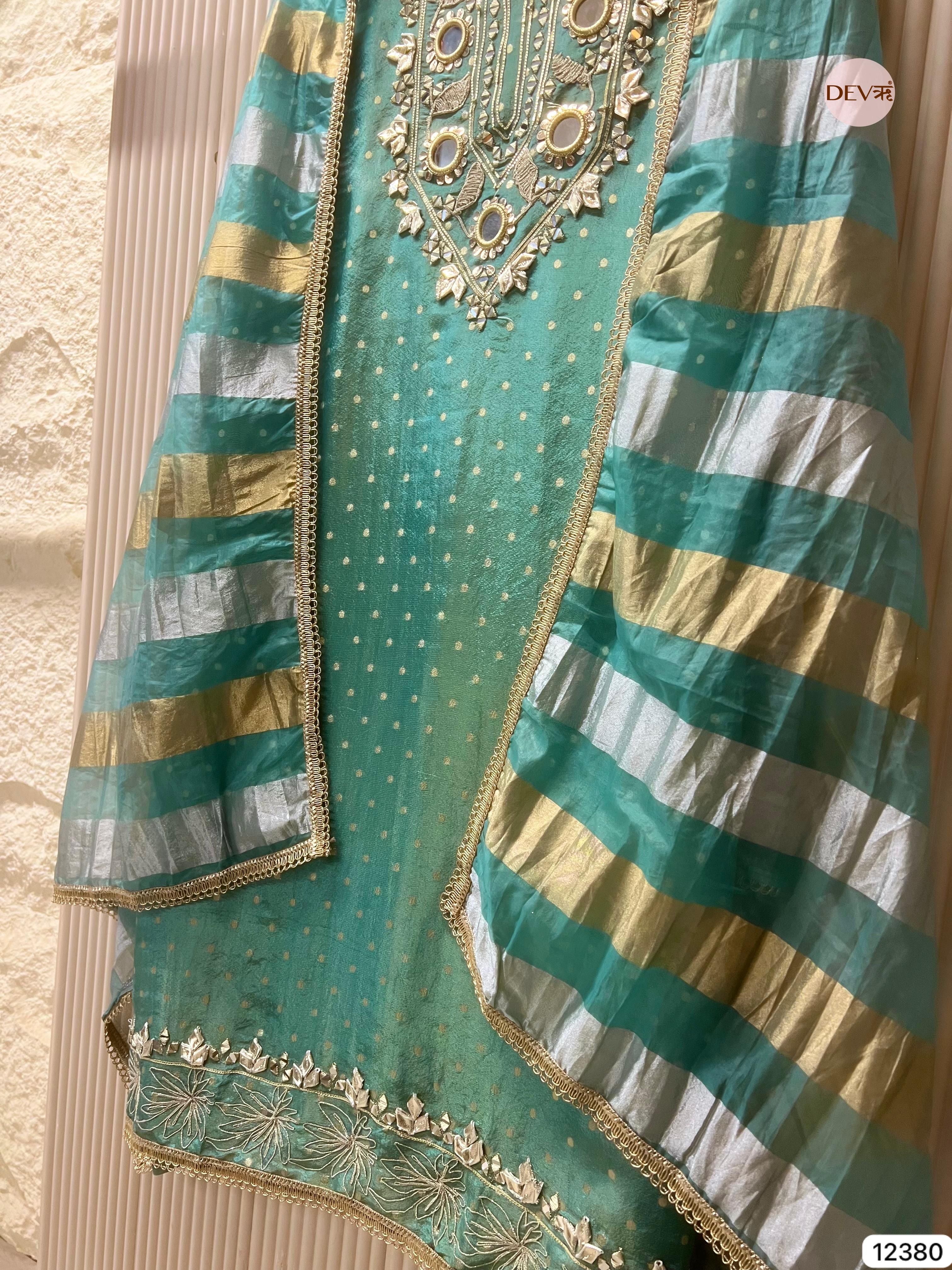 Sea Green Tissue Silk Embroidered Unstitched 3-Piece Suit (Devri – D.No 12380)
