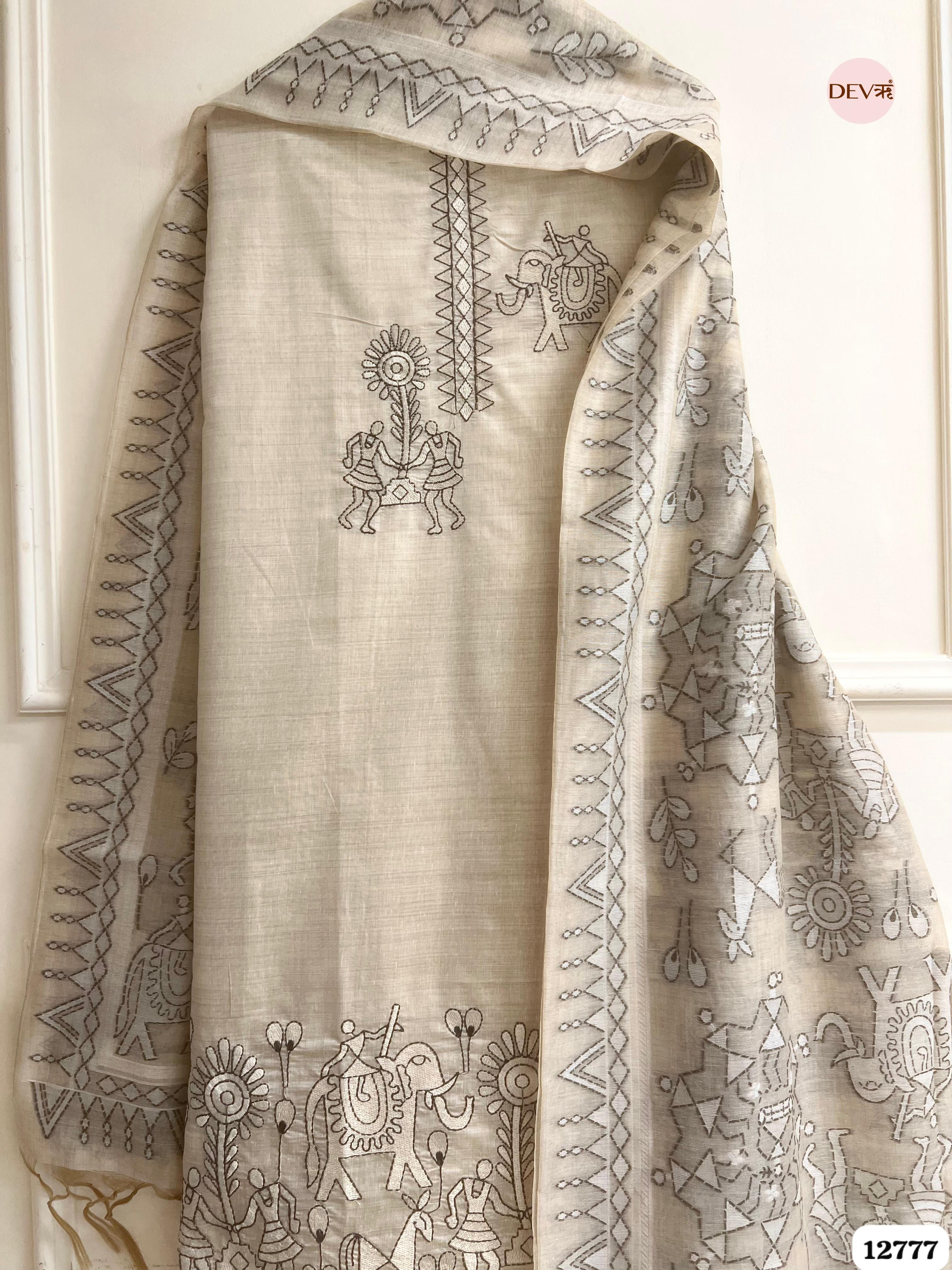 Ivory Mul Chanderi Embroidered Unstitched 3-Piece Suit (Devri – D.No 12777)
