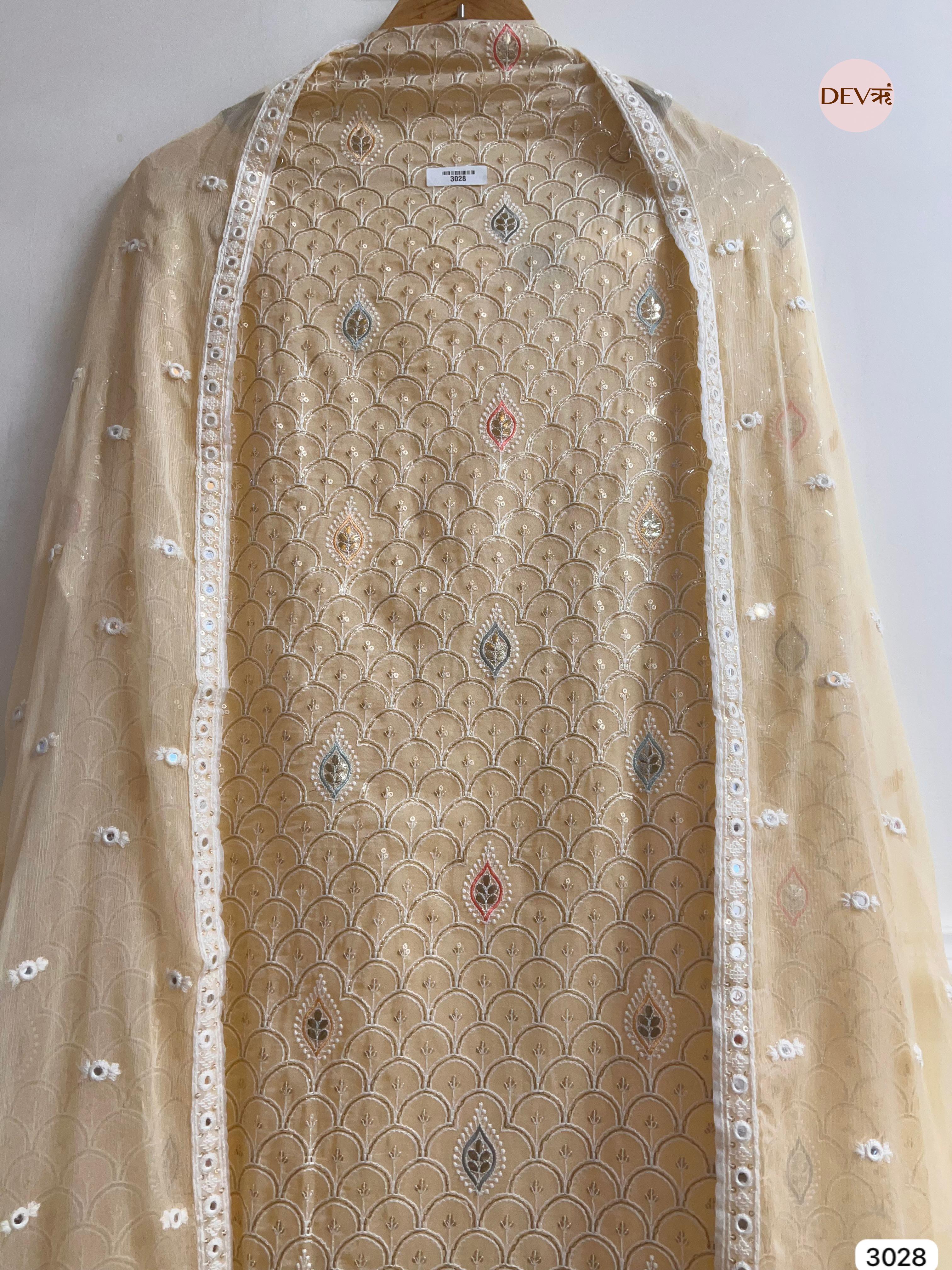 Beige Organza Embroidered Unstitched 3-Piece Suit (Devri – D.No 3028)
