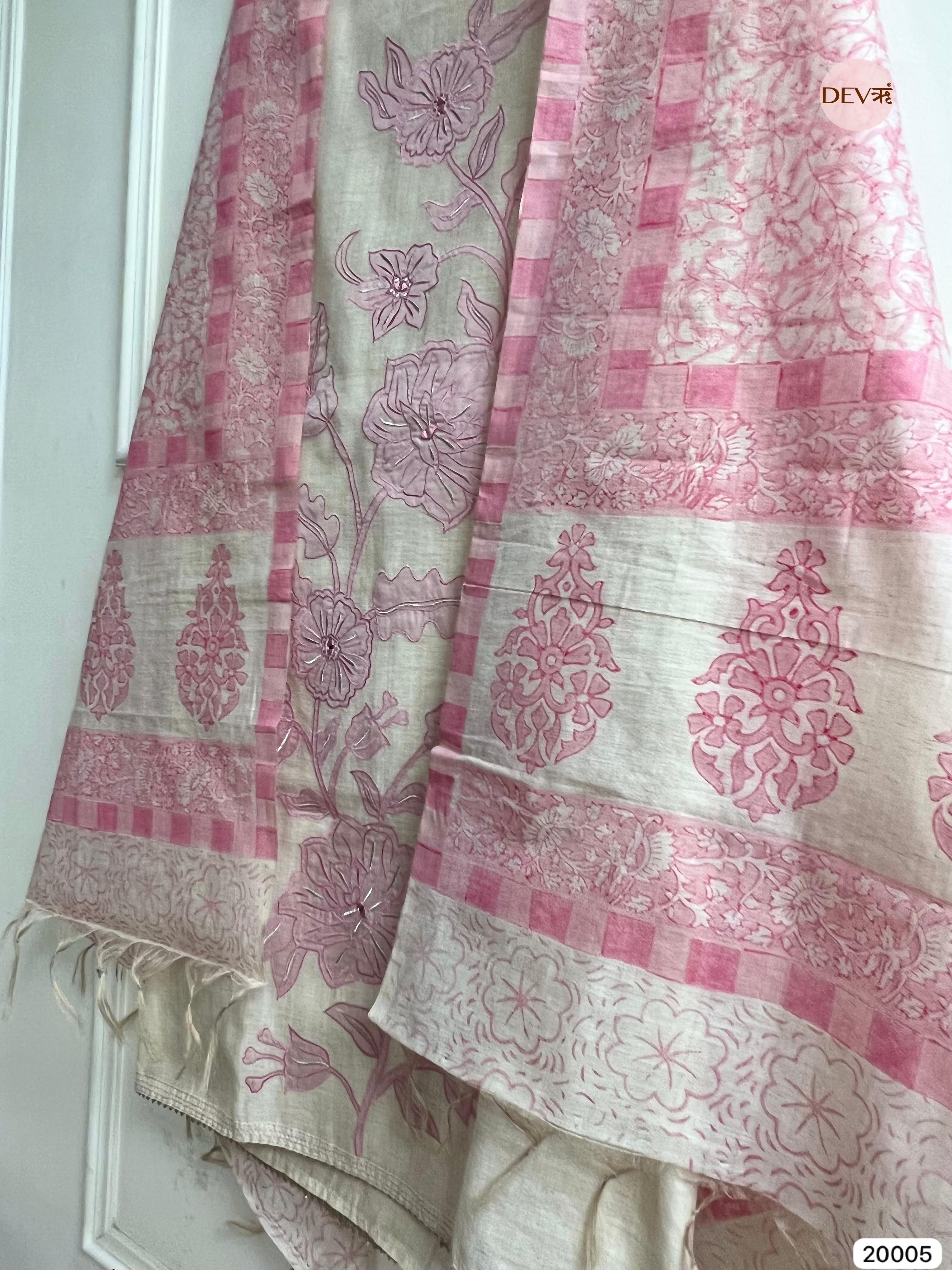 Beby pink Pure Linen Cotton Embroidered Unstitched 3-Piece Suit (Devri – D.No 20005)