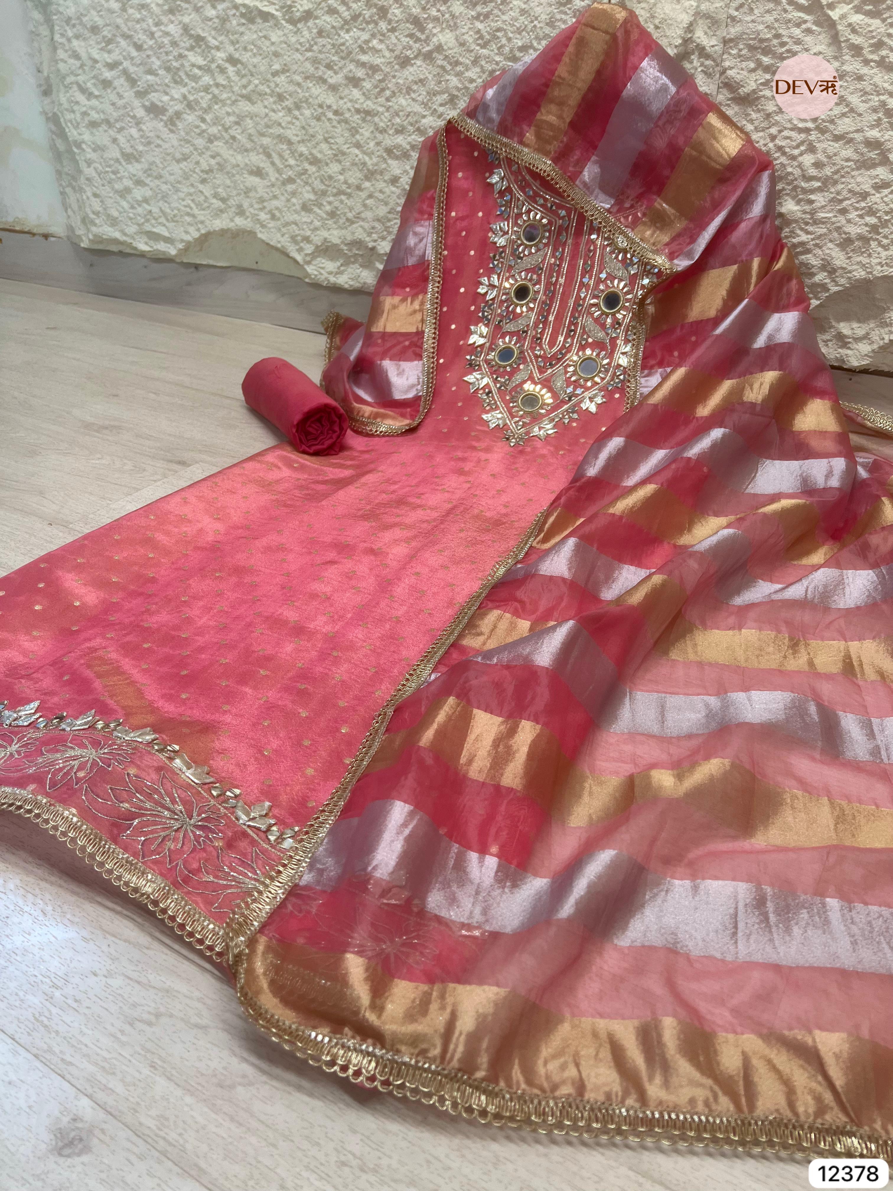 Peach Tissue Silk Embroidered Unstitched 3-Piece Suit (Devri – D.No 12378)